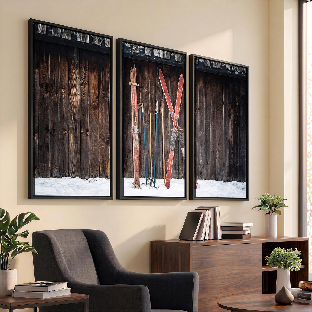 78590-MGV-CV-36X24 - Vintage Ski Gear Canvas Print, Vintage Ski Gear Against Wooden Cabin Wall