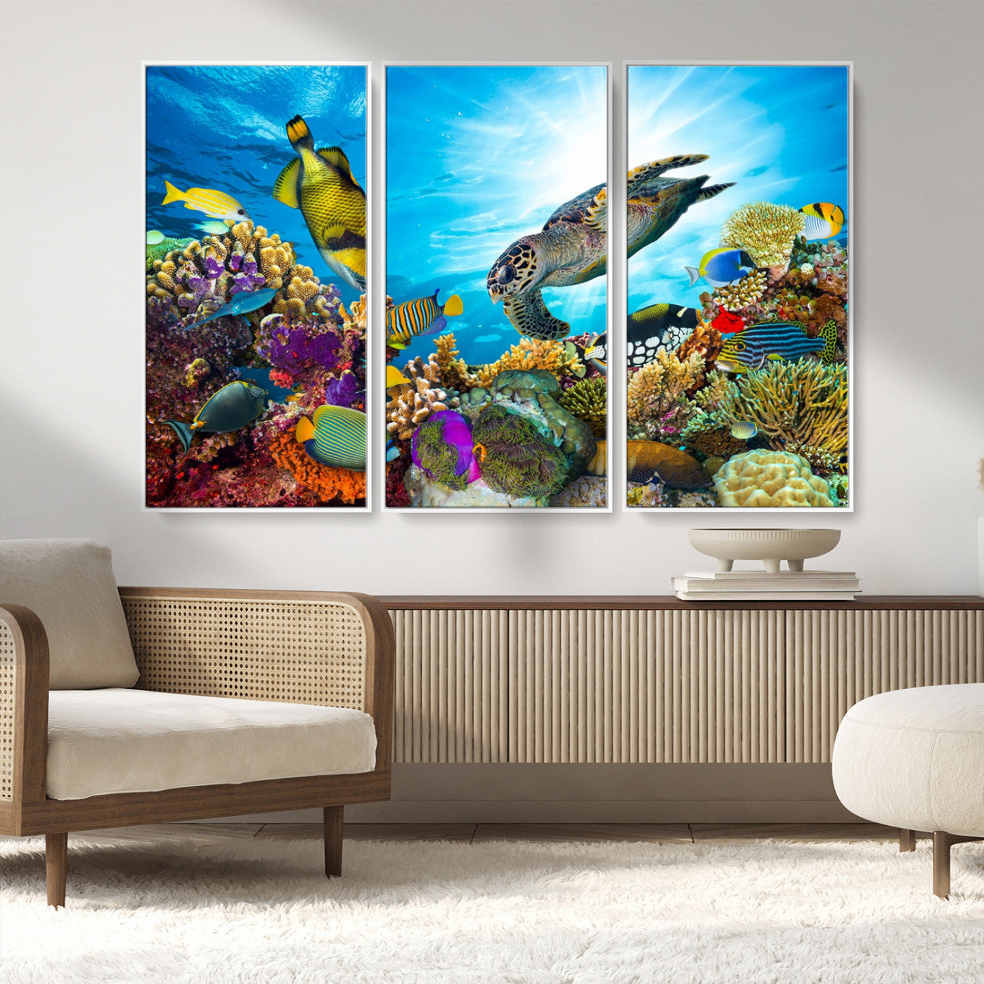 MGV-FC-48X32-3P - Sea Turtle Coral Reef Wall Art Print – Colorful Underwater Canvas Print – Tropical Ocean Marine Life Artwork – Perfect for Coastal Home Decor