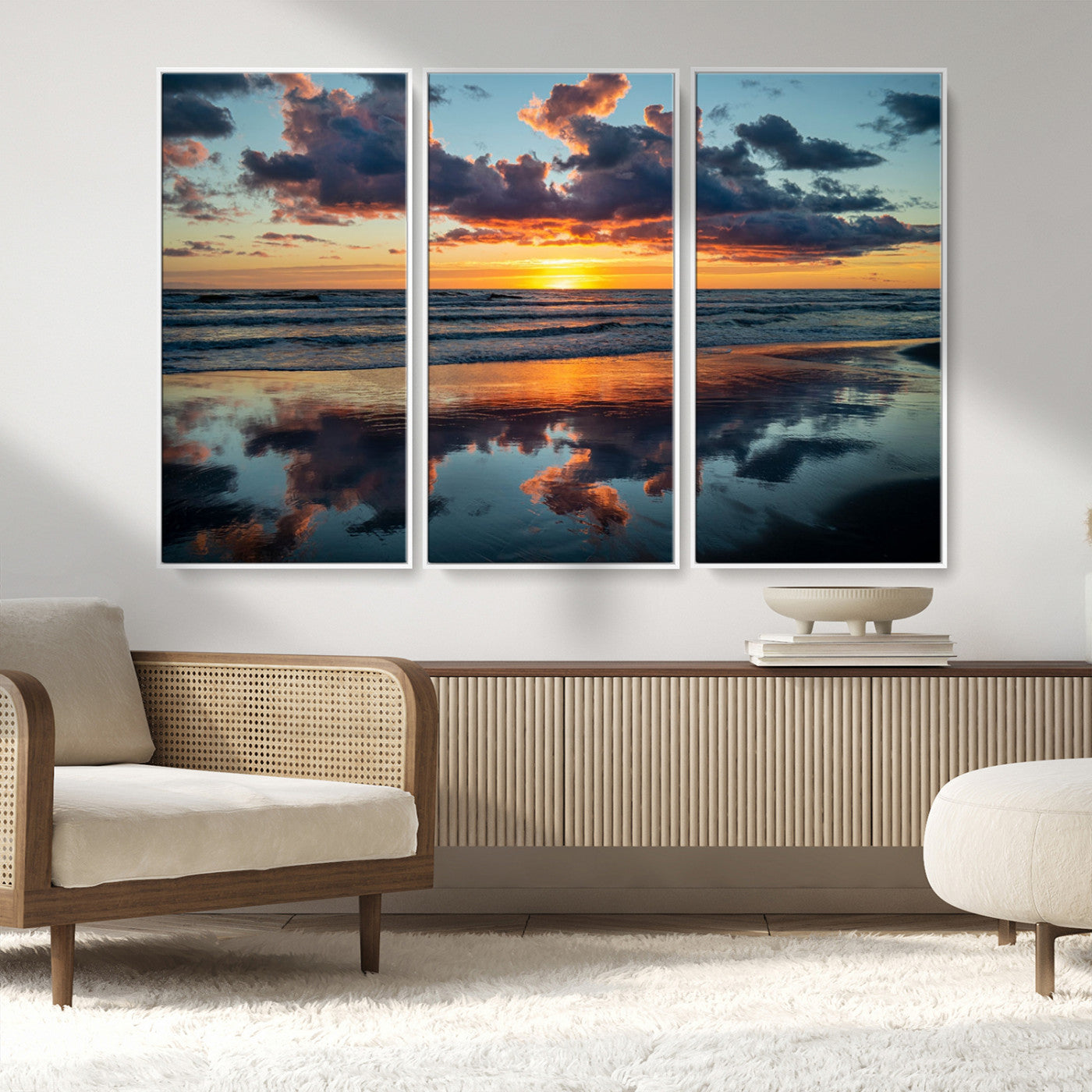 MGV-FC-48X32-3P - Beach Sunset Print - Stunning Ocean Canvas Artwork with Sunset Reflection Design for Elegant Home or