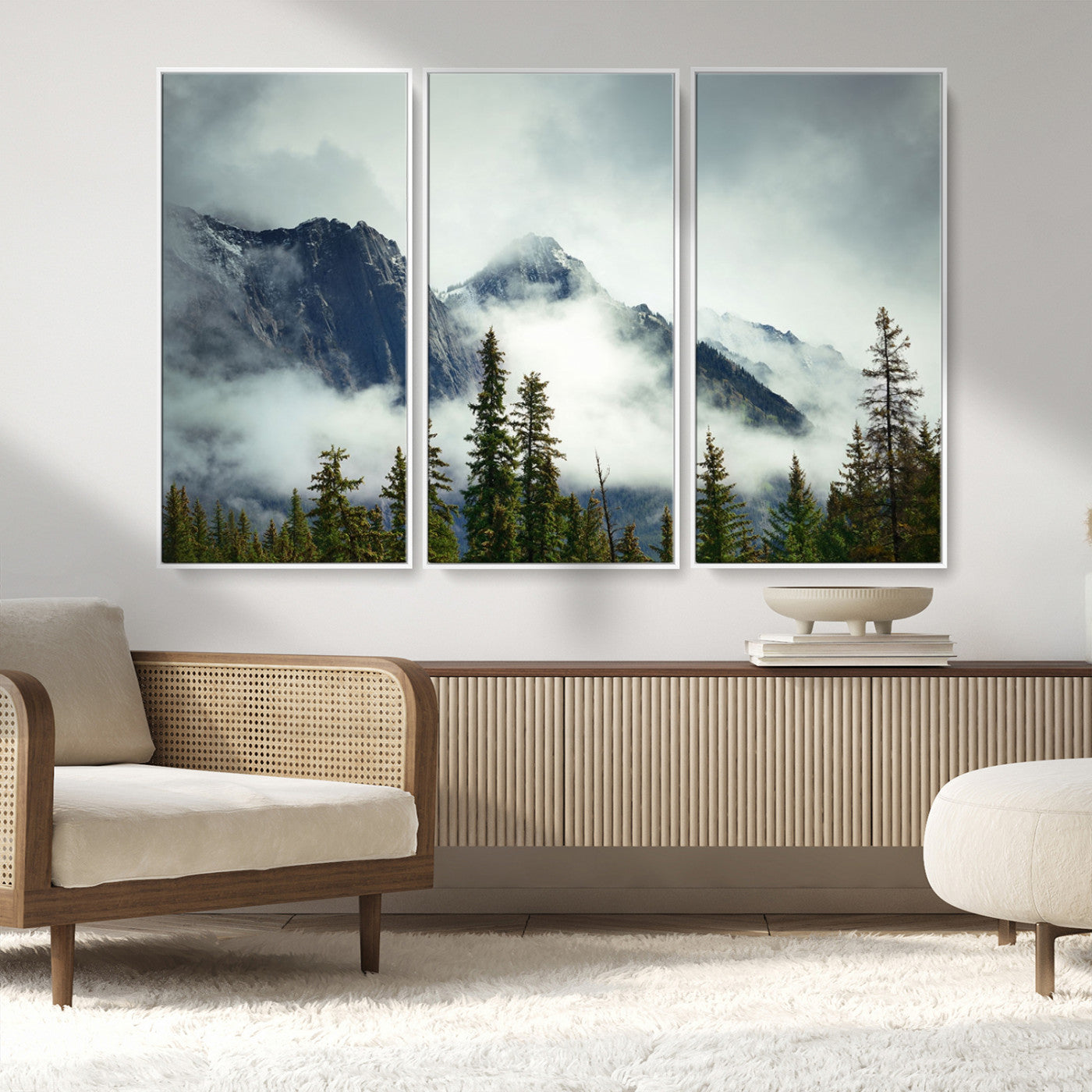 MGV-FC-48X32-3P - Mountain Mist Canvas Wall Art | 3-Panel Foggy Forest and Mountain Landscape | Large Giclee Print for Living Room, Office, or Cabin, Farmhouse Decor
