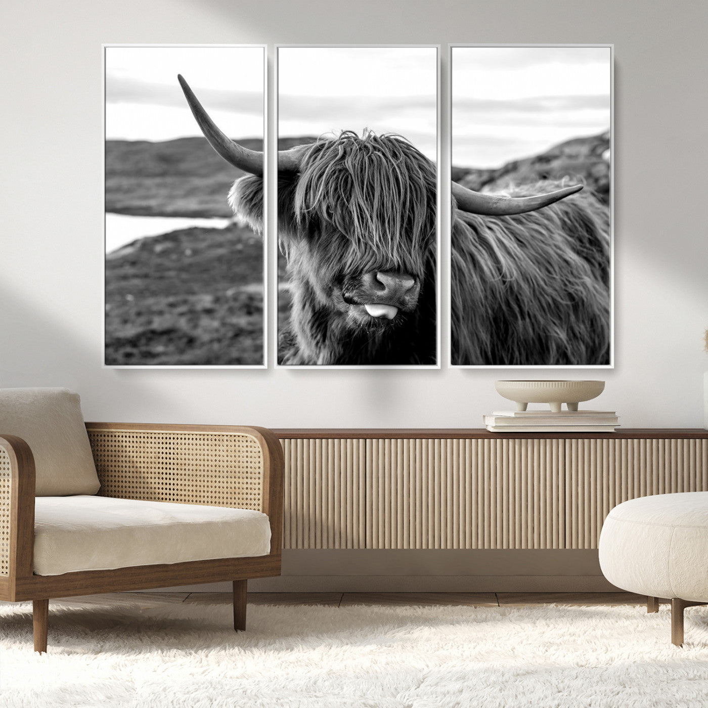 MGV-FC-48X32-3P - Highland Cow Canvas Wall Art – Black and White Animal Portrait – Framed and Ready to Hang Rustic Farmhouse Decor for Living Room or Office