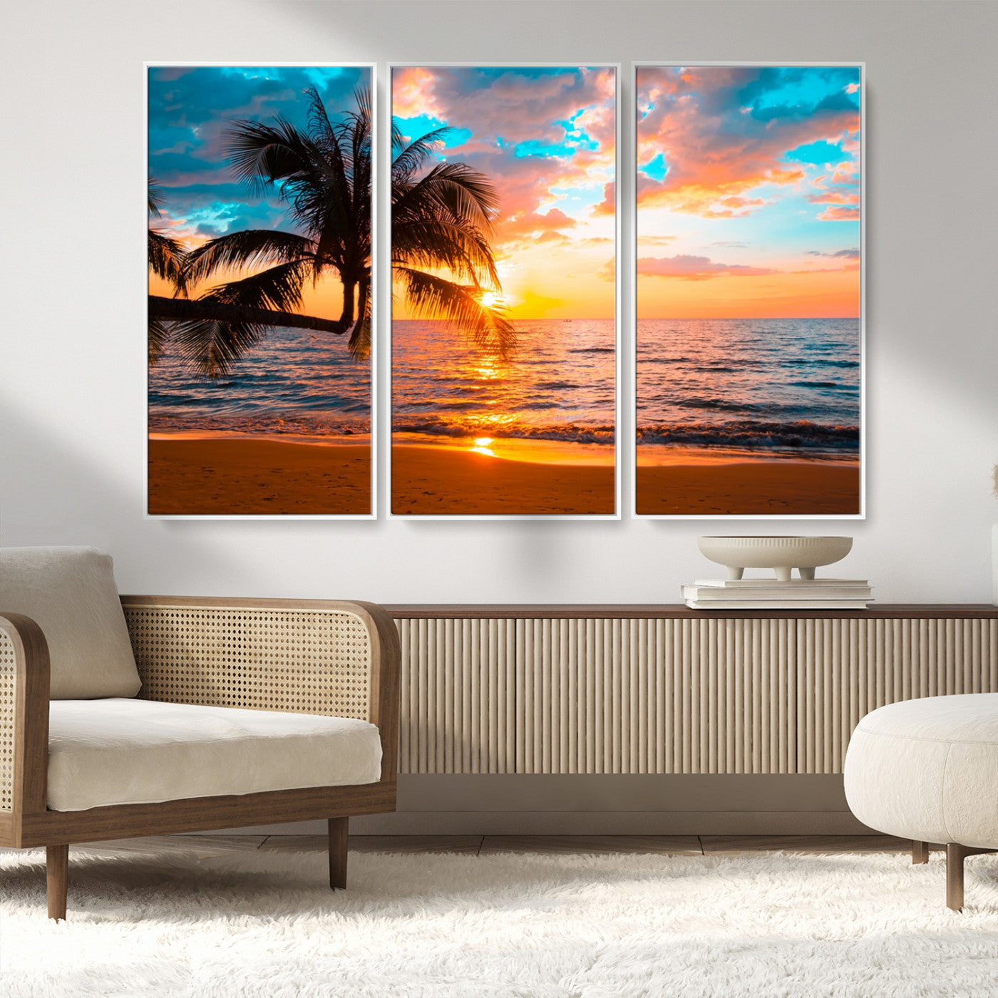 34674-MGV-FC-48X32-3P_White-Palm Tree Sunset On The Beach Wall Art Canvas, Framed Palm Tree Sunset Canvas Print