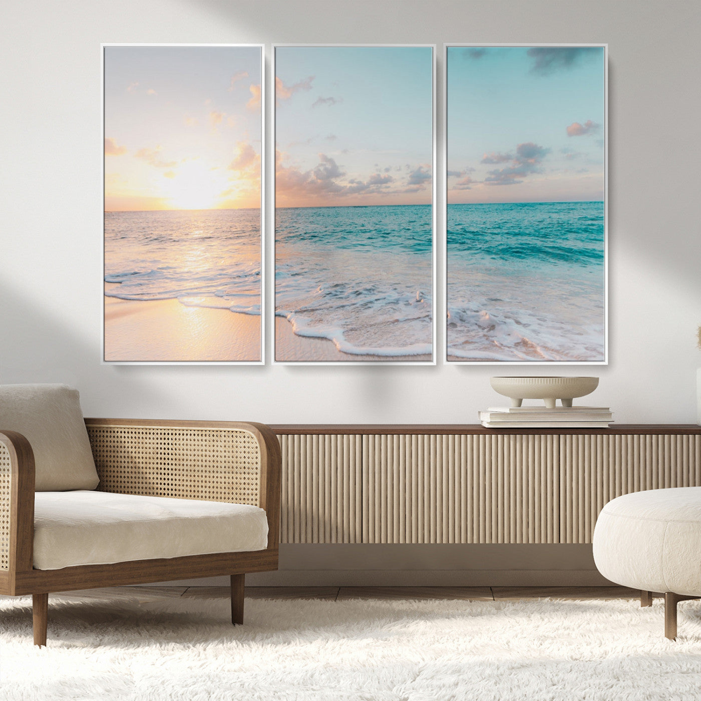 MGV-FC-48X32-3P - Tranquil Ocean Beach Sunset Canvas Wall Art | 3-Panel Coastal Decor