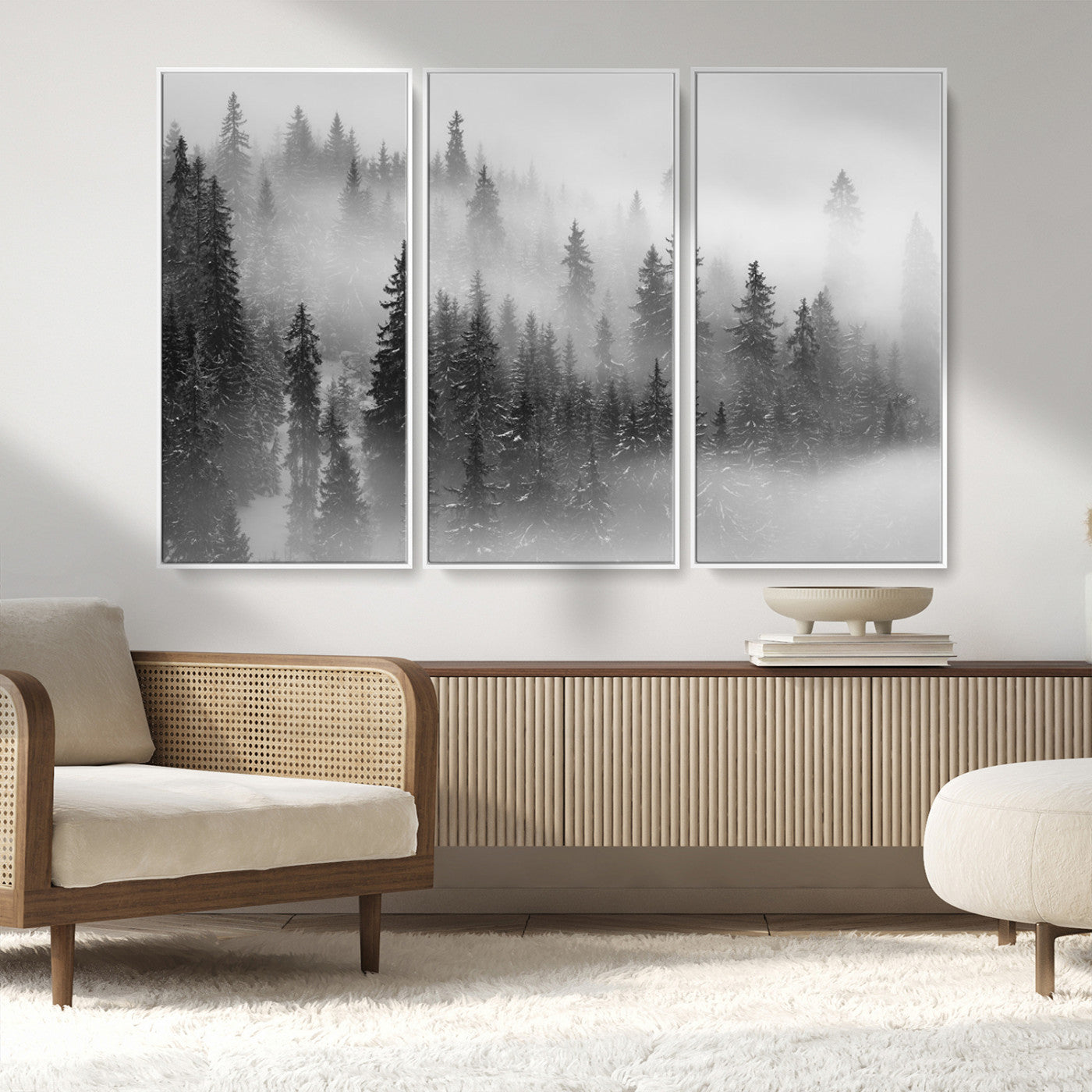 MGV-FC-48X32-3P - Black and White Forest Wall Art Print – Misty Pine Tree Canvas Print – Winter Woodland Nature Artwork – Perfect for Minimalist Home Decor