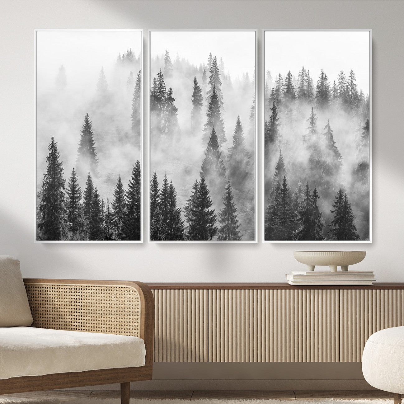 10422-MGV-CV-36X24 - Forest Wall Art Print | Foggy Pine Forest Canvas Wall Art - Black and White Nature Decor for Living