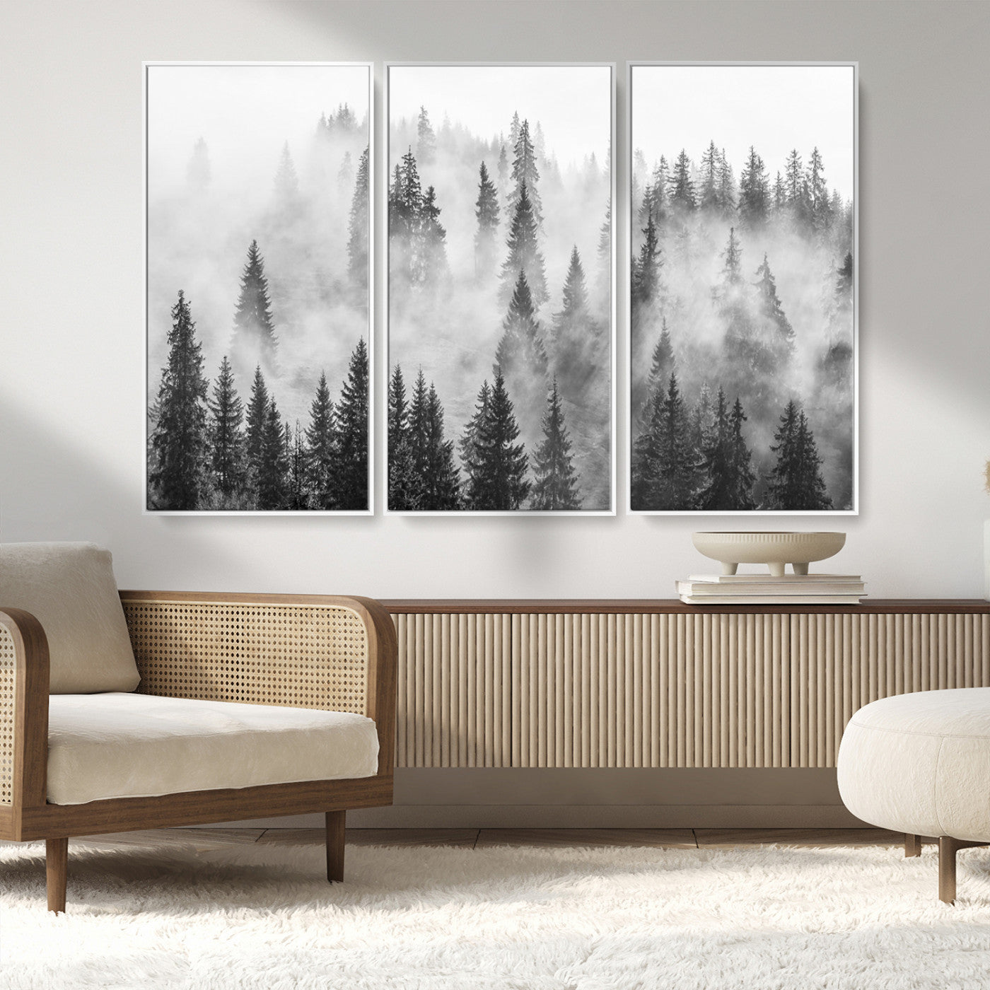 MGV-FC-48X32-3P - Forest Wall Art Print | Foggy Pine Forest Canvas Wall Art - Black and White Nature Decor for Living