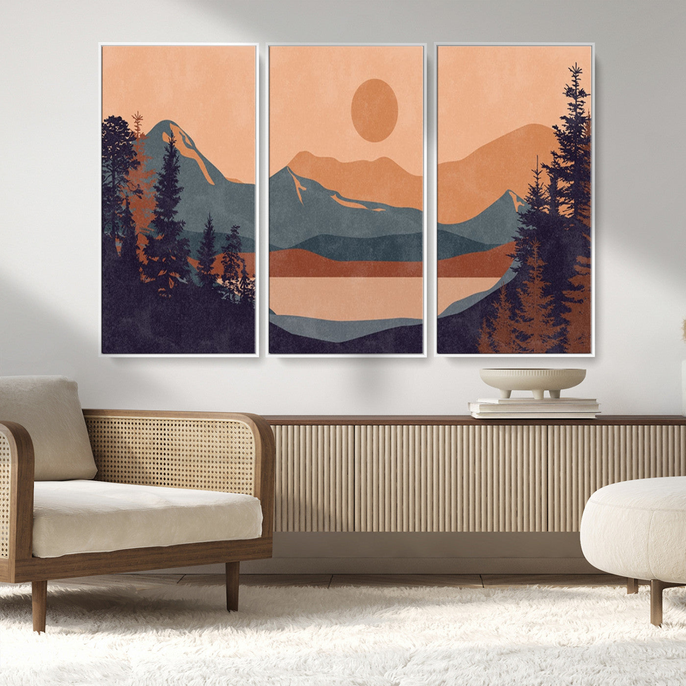 MGV-FC-48X32-3P - Modern Boho Sunset Canvas Print, Mountain Landscape Triptych – Giclée Canvas Art Print for Living