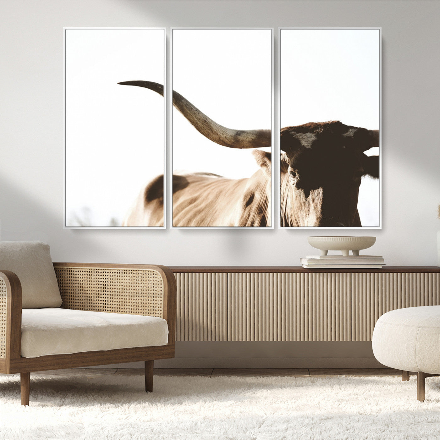 MGV-FC-48X32-3P - Texas Longhorn Wall Art Canvas Print | 3-Panel Large Longhorn Canvas Print for Living Room, Framed Gallery Wrap Office, Rustic Western Cowboy Decor