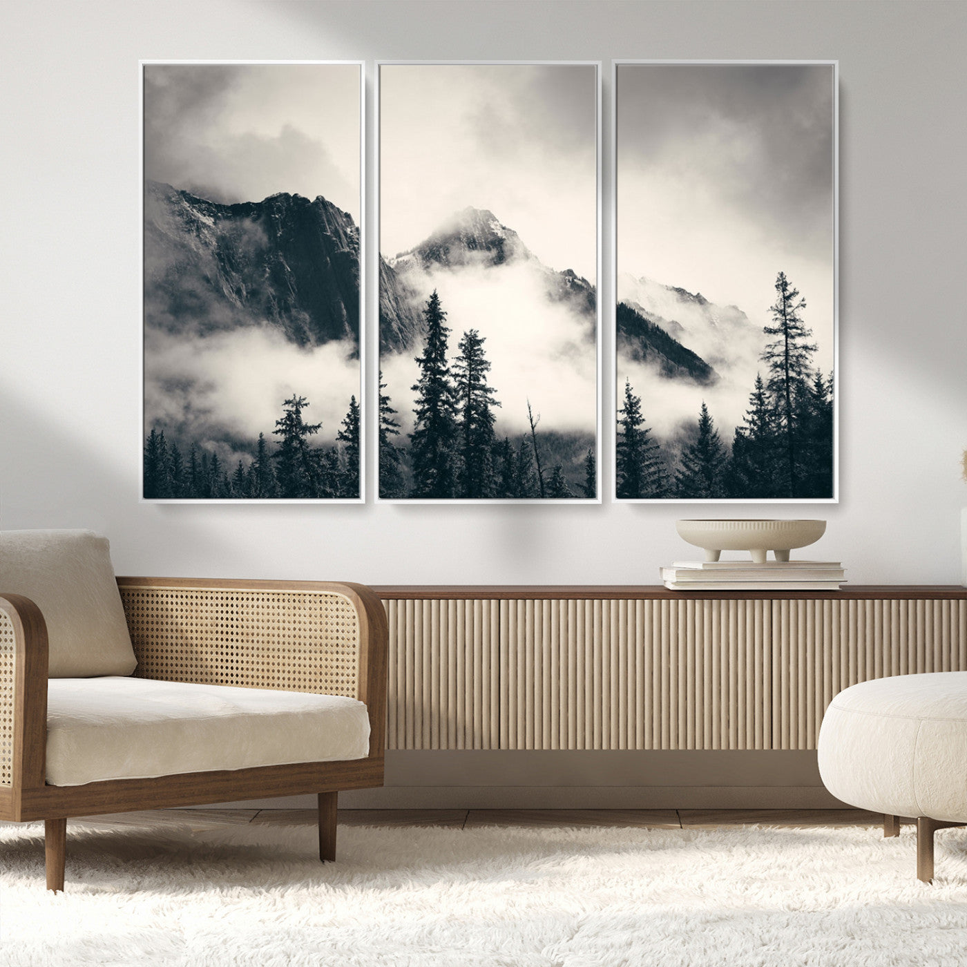 MGV-FC-48X32-3P - Large Foggy Mountain Forest Wall Art Canvas Print | Misty Mountain Peaks and Pine Trees Print | Framed Gallery Wrap | Rustic Nature Farmhouse Decor