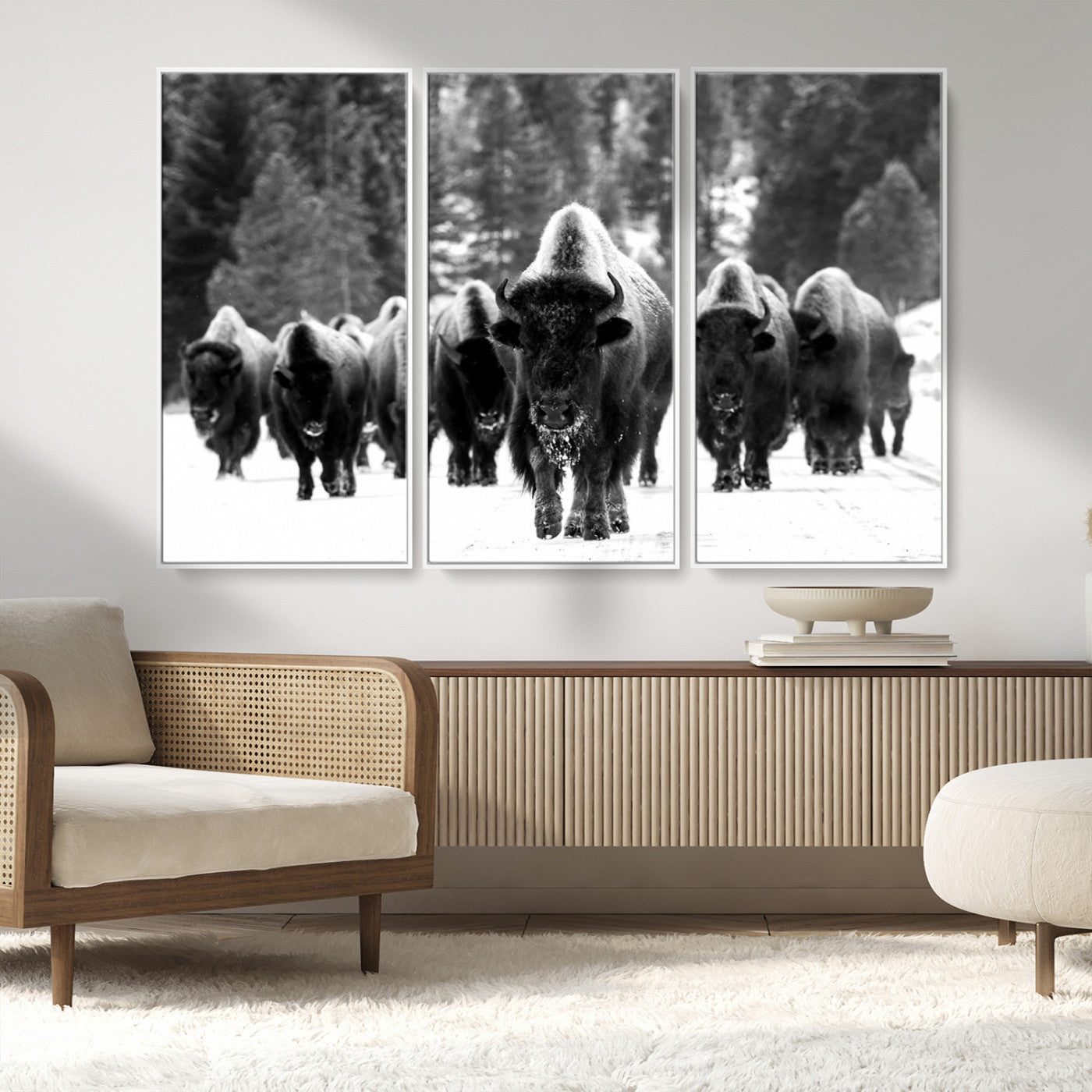 62434-MGV-FC-48X32-3P_White-Bison Herd in Snow Wall Art Canvas Print | Rustic Western Bison Wall Art for Decor for Living Room,