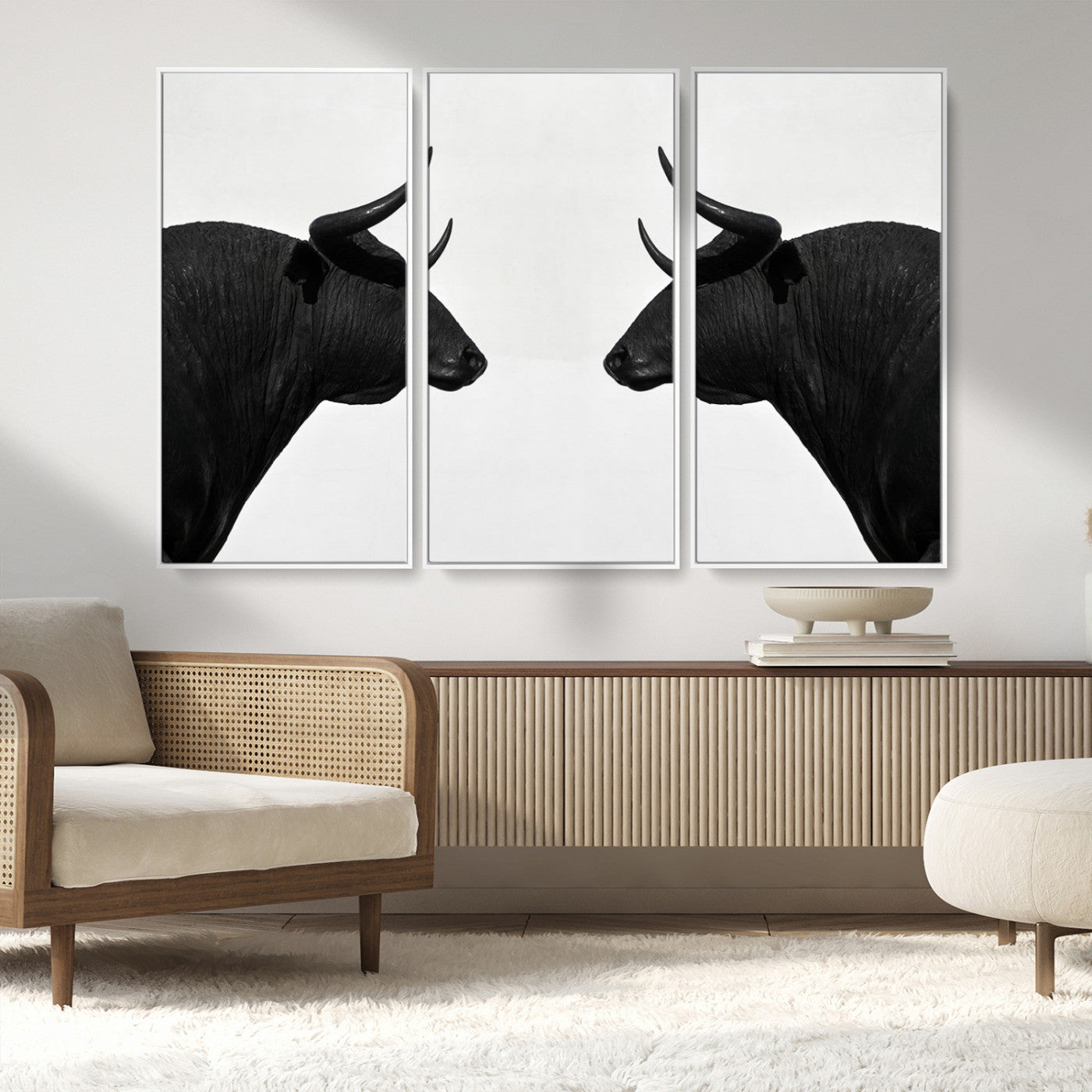 -Spanish Bull Art - Framed Black and White Bull Canvas Print for Modern Rustic Home or Office Decor