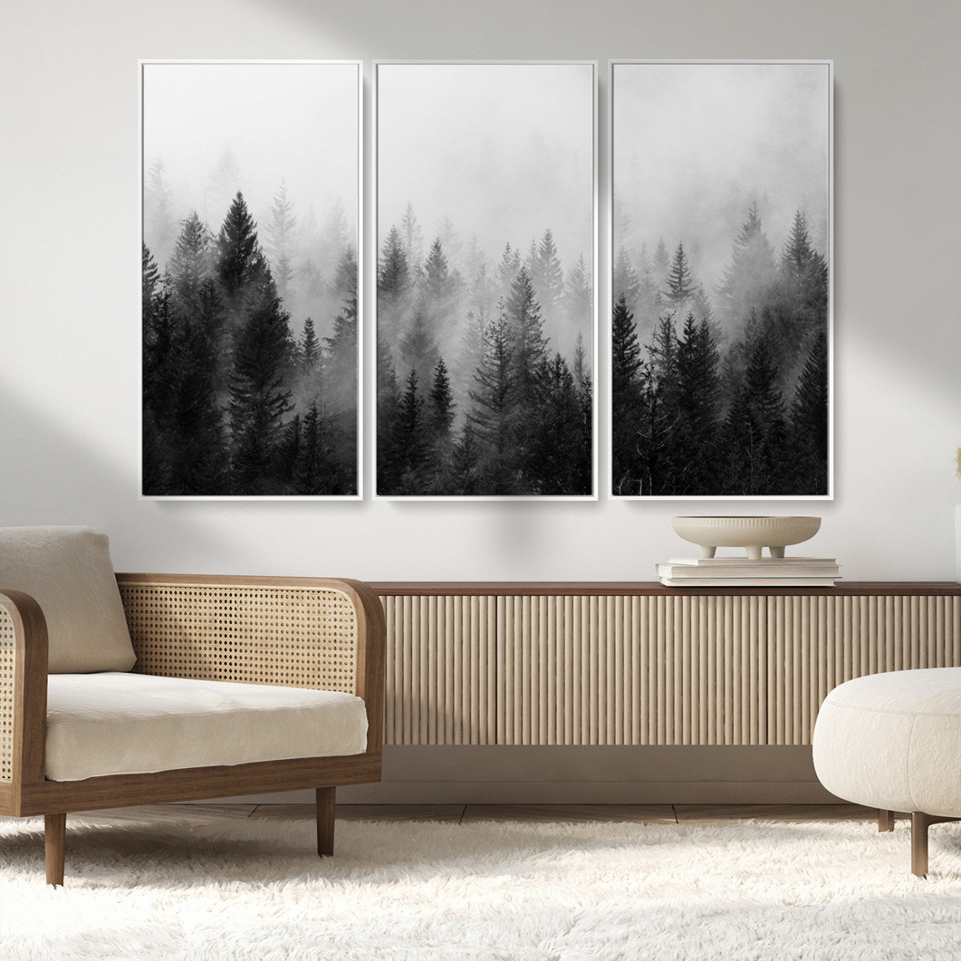 MGV-FC-48X32-3P - Foggy Black and White Forest Wall Art, 3 Panel Misty Pine Trees Canvas Print for Living Room, Office, or Bedroom, Nature-Inspired Woodland Wall Decor
