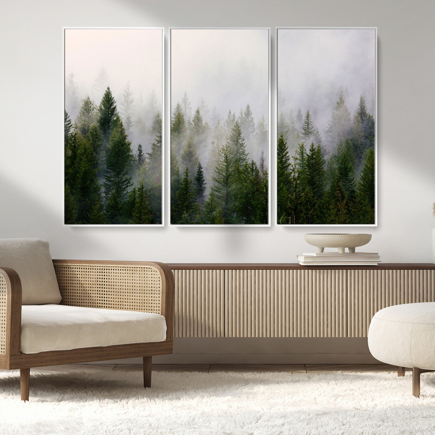 MGV-FC-48X32-3P - Misty Pine Forest Wall Art Canvas Print | 3 Panel Green Woodland Canvas Print for Living Room, Office, or Dining Room | Nature Foggy Forest Decor