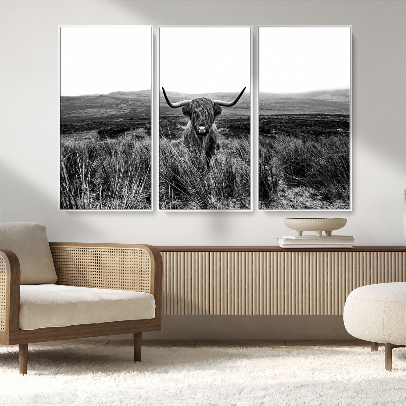 MGV-FC-48X32-3P - Black and White Highland Cow Canvas Wall Art, Longhorn Triptych Western Wall Decor for Cabin -