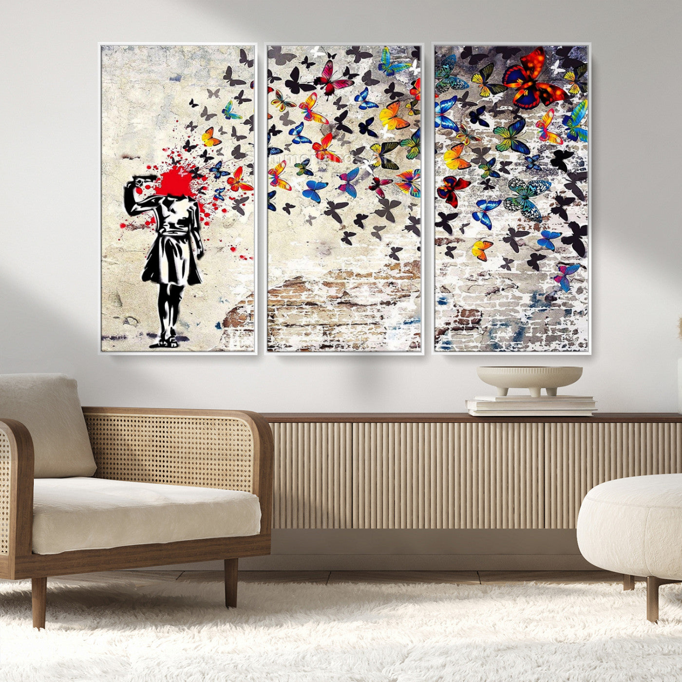 MGV-FC-48X32-3P - Banksy Art Butterfly Girl Explosion Canvas Art – Vibrant Urban Graffiti for Modern Interiors - Ready to Hang
