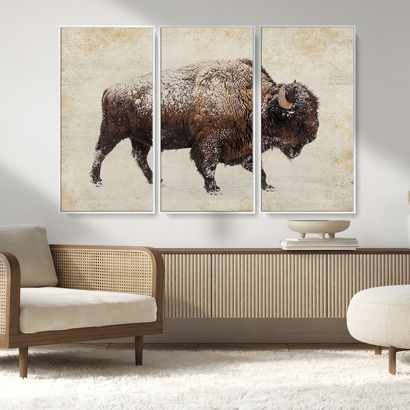 MGV-FC-48X32-3P - Buffalo Wall Art, Western Bison Canvas Print, Rustic Buffalo Art for Cowboy Western Decor, Large Multi-Panel Giclee Canvas for Farmhouse Wall Decor