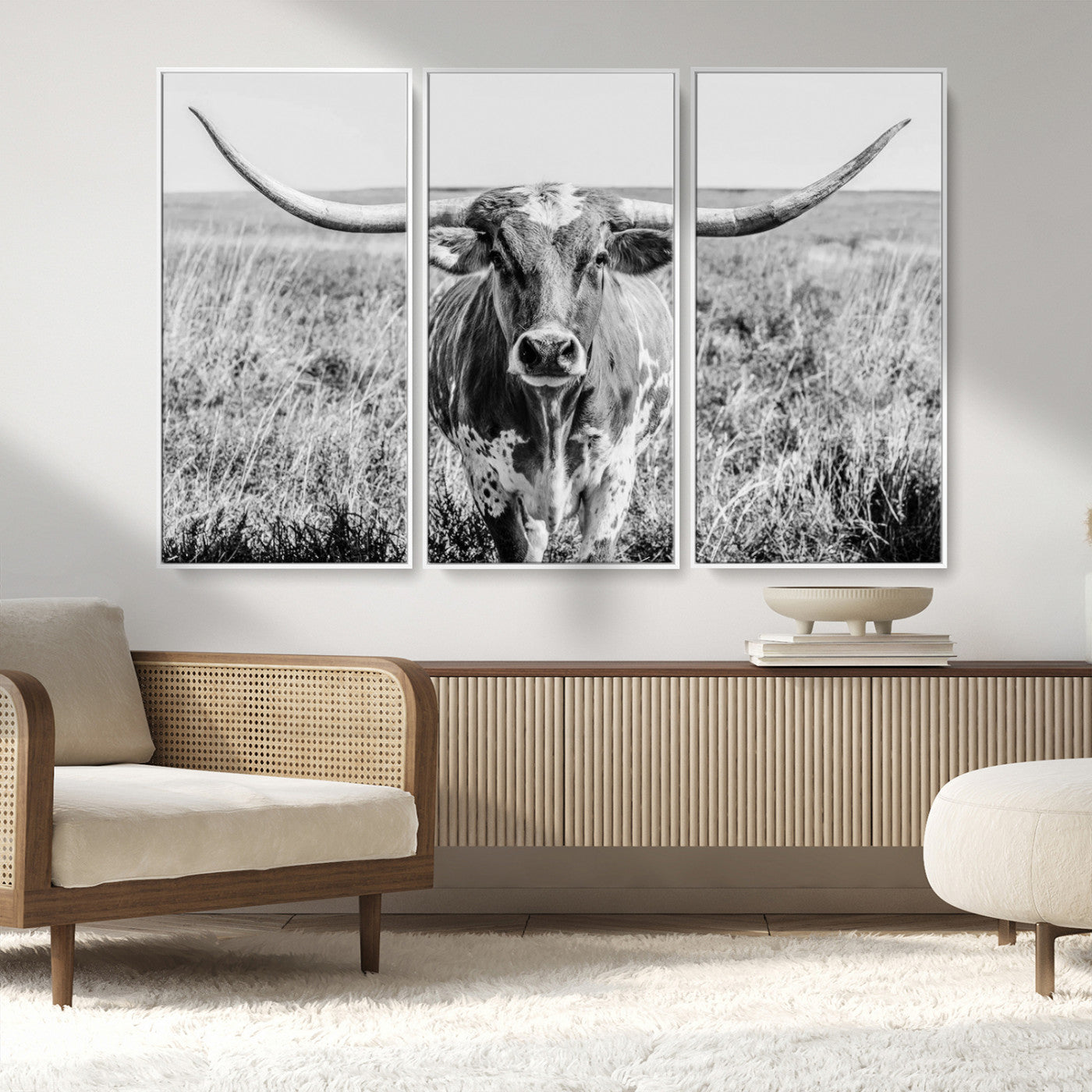 MGV-FC-48X32-3P - Texas Cow Longhorn Wall Art Canvas Print for Farm House Wall Decor, Farmhouse Wall Art Print