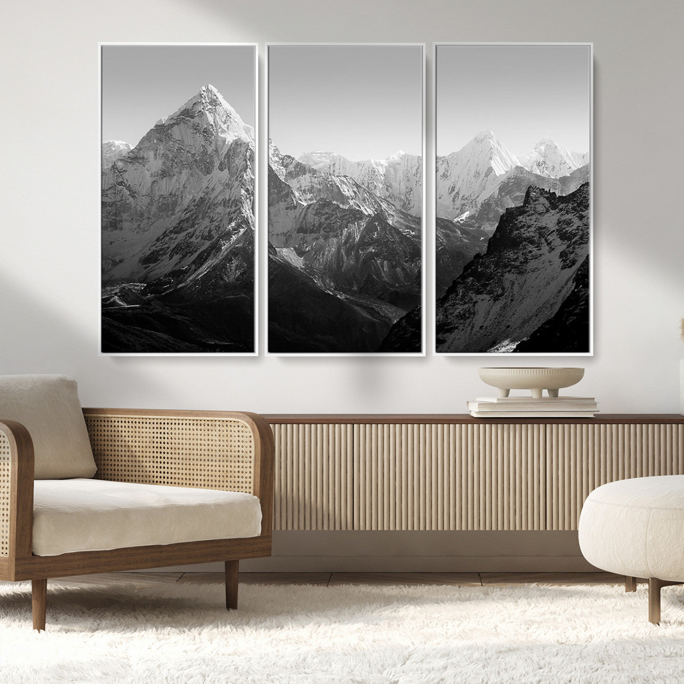 MGV-FC-48X32-3P - Everest Himalaya Mountain Peaks Black & White Triptych Canvas Art – Mountain Wall Decor for Minimalist Interiors