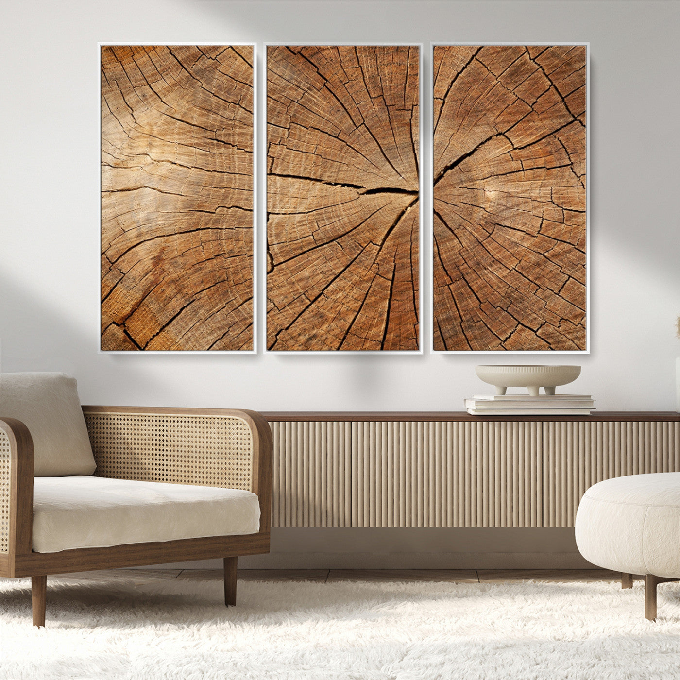 MGV-FC-48X32-3P - Tree Ring Canvas Art, Rustic Wood Grain Wall Art, Tree Slice Decor for Modern Homes, Giclee Multi-Panel Print, Tree Ring Wall Art Set