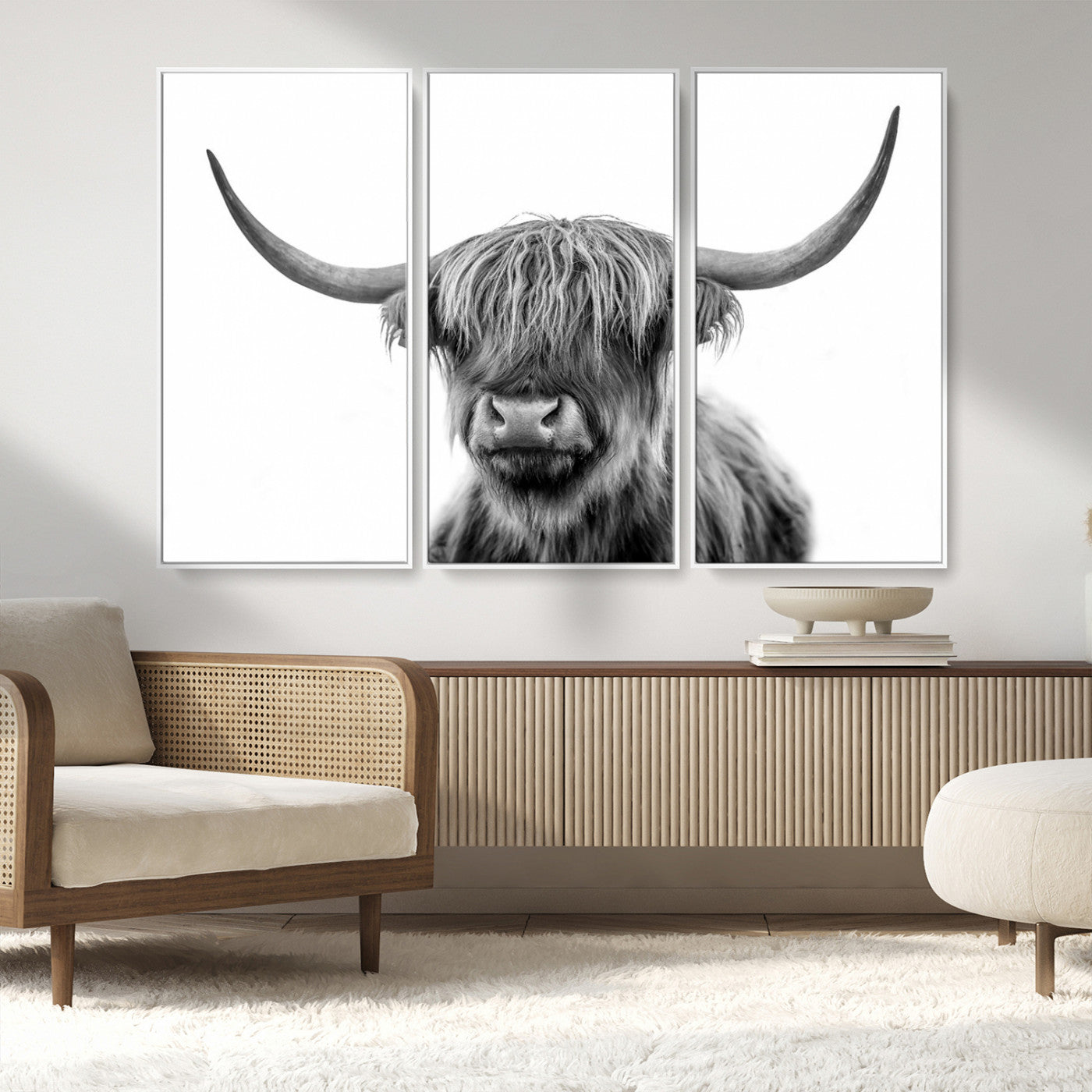 MGV-FC-48X32-3P - Grayscale Scottish Highland Cow Cattle Art Print Farmhouse Wall Art Canvas Print