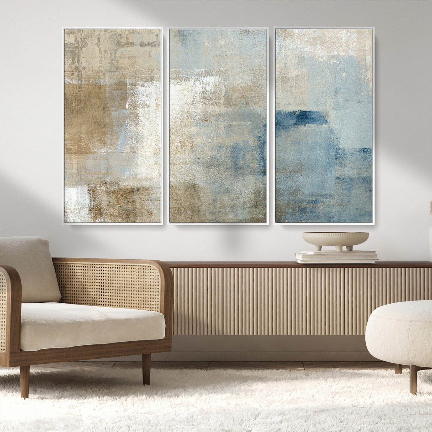 MGV-FC-48X32-3P - Abstract Blue and Beige Wall Art, Modern Minimalist Canvas Print Set, Giclee Textured Art, Large Multi-Panel Artwork for Living Room