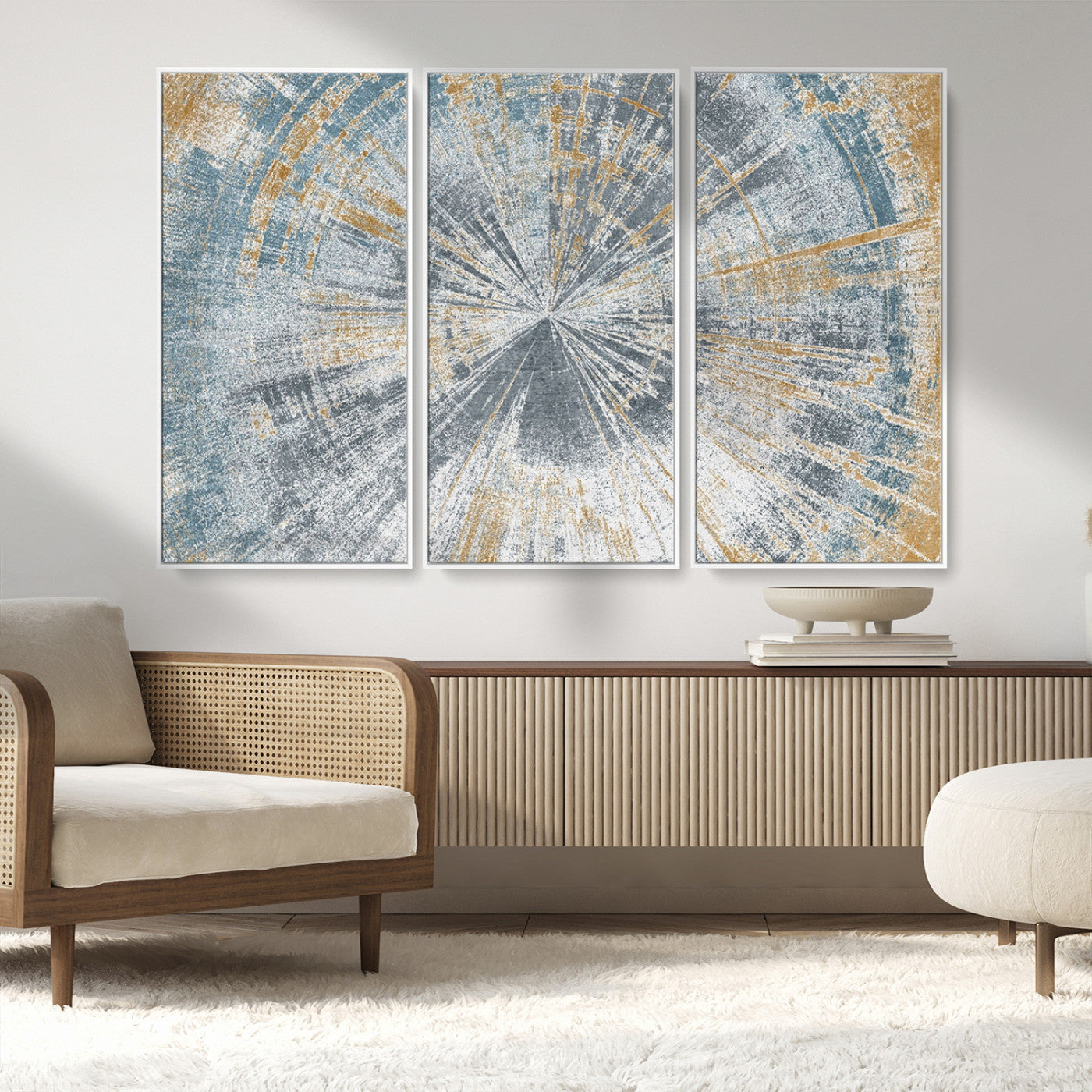 MGV-FC-48X32-3P - Radiant Abstract Wood Rings Canvas Art – Modern Triptych Wall Decor for Living Room or Farmhouse Decor
