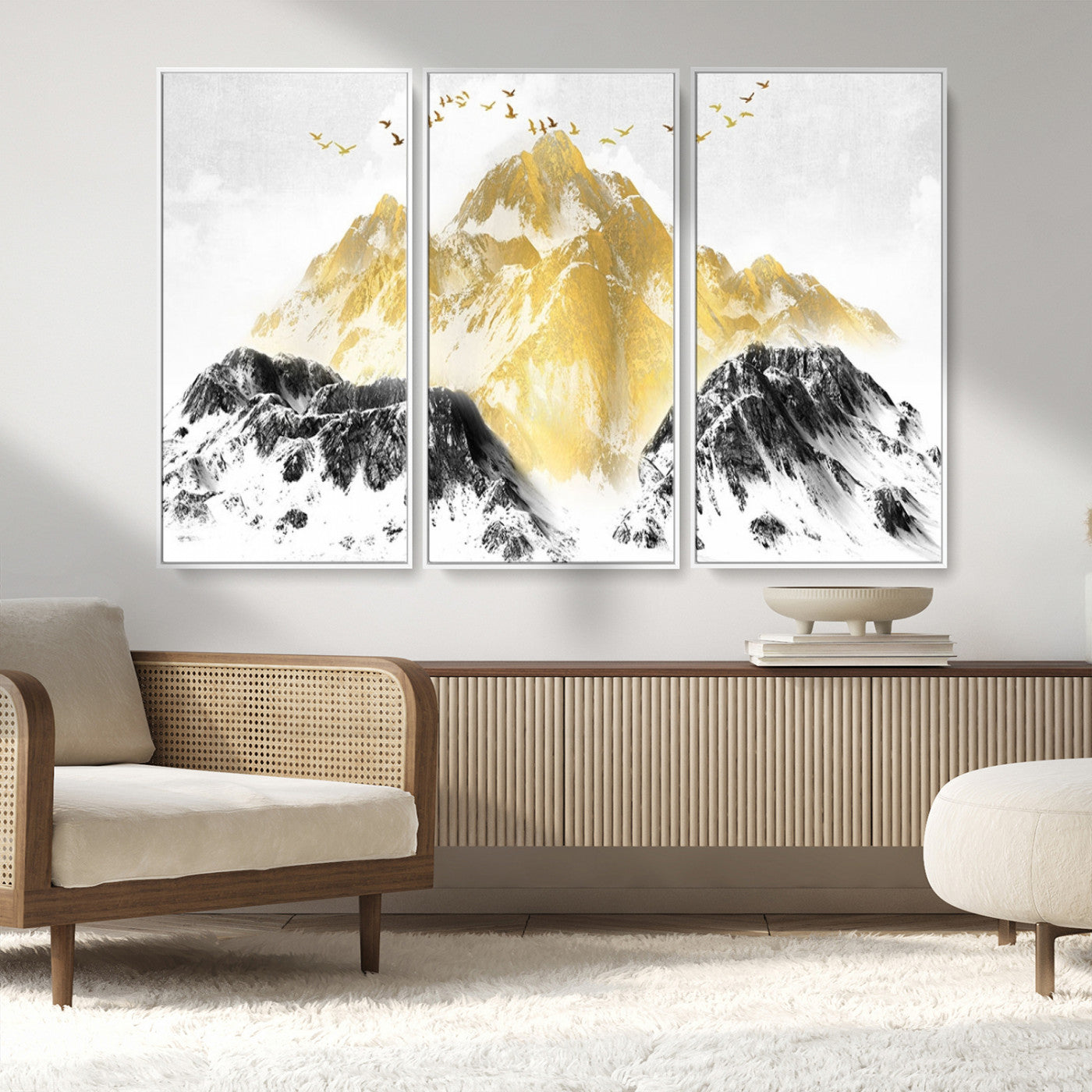MGV-FC-48X32-3P - Golden Mountain Triptych Wall Art, Modern Giclee Canvas Print, Nature Landscape Decor for Living Room, Contemporary Gold and Black Wall Art