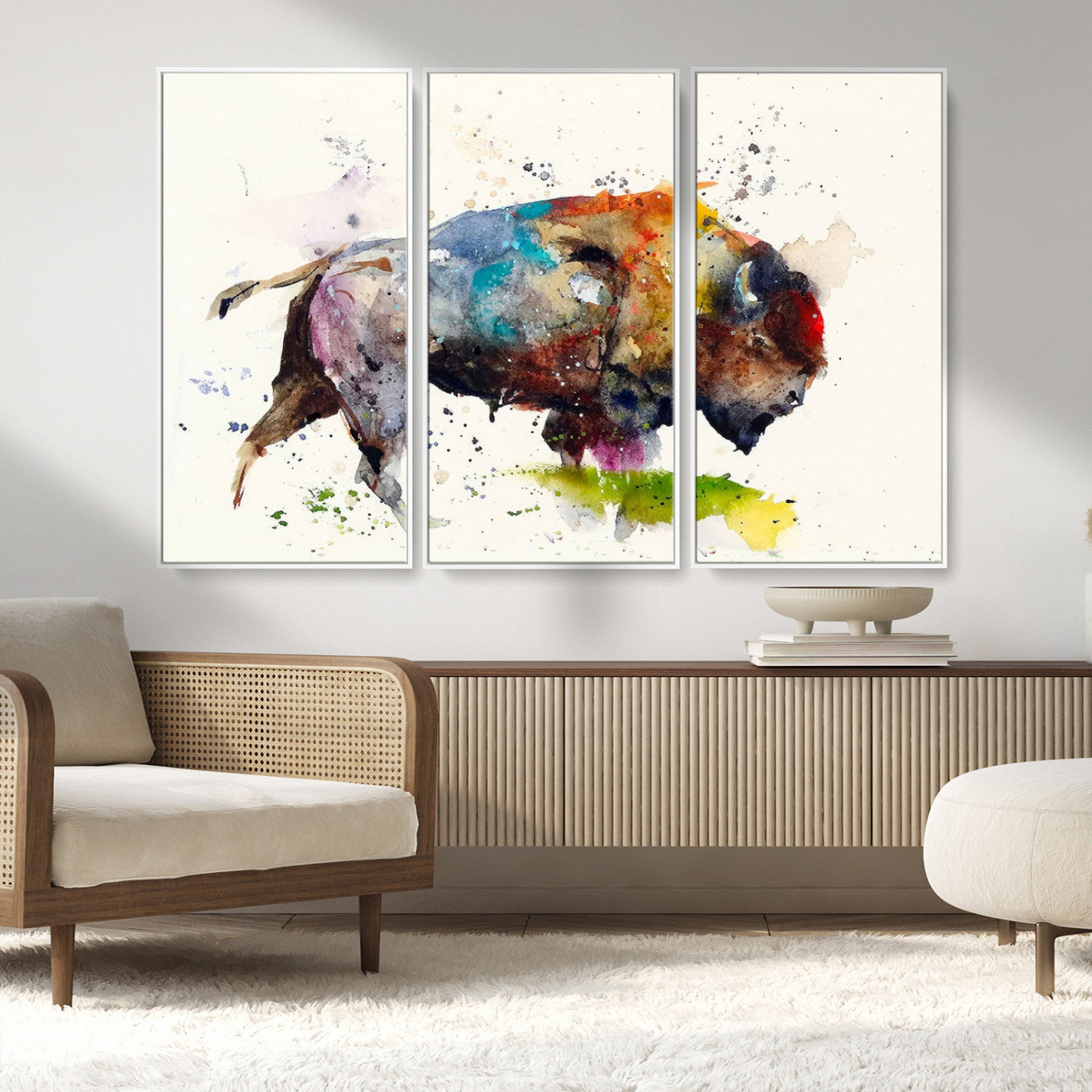 MGV-FC-48X32-3P - Abstract Buffalo Wall Art, Western Watercolor Bison Canvas Print, Rustic Buffalo Art for Cowboy and Western Decor, Large Multi-Panel Giclee Canvas
