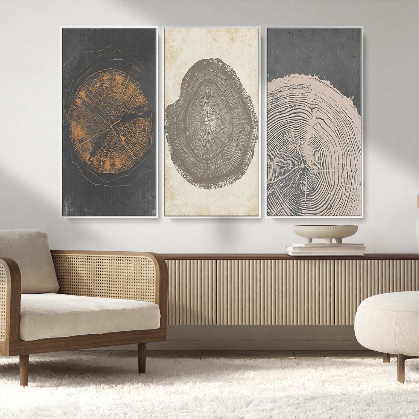 MGV-FC-48X32-3P - Boho Tree Ring Wall Art, Modern Minimalist Wood Grain Canvas, Tree Slice for Rustic Decor, Farmhouse Decor Giclee Canvas Print, Tree Ring Canvas Set