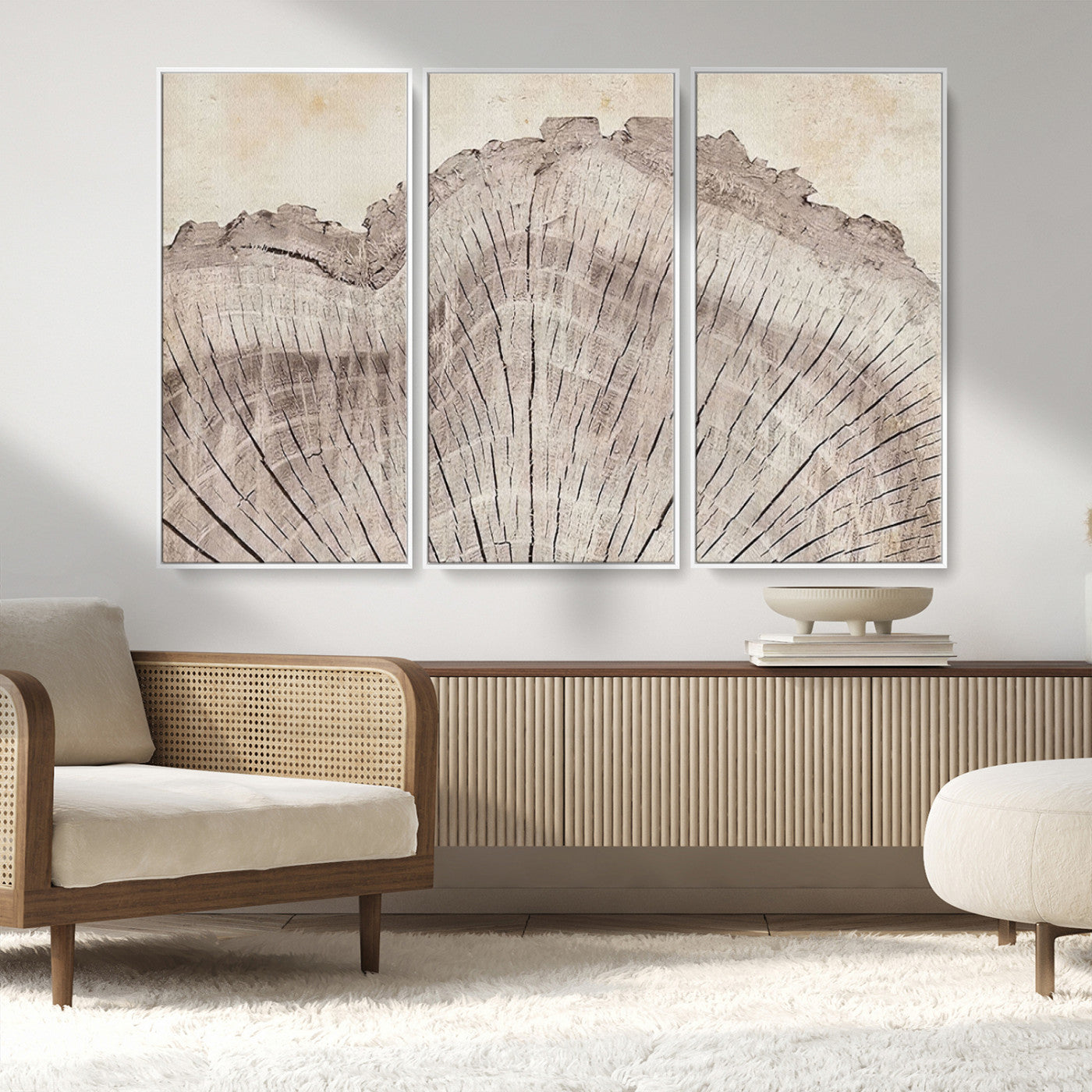 MGV-FC-48X32-3P - Tree Ring Wall Art Triptych, Rustic Wood Ring Canvas Print, Minimalist Wall Decor for Modern Homes and Farmhouse Decor