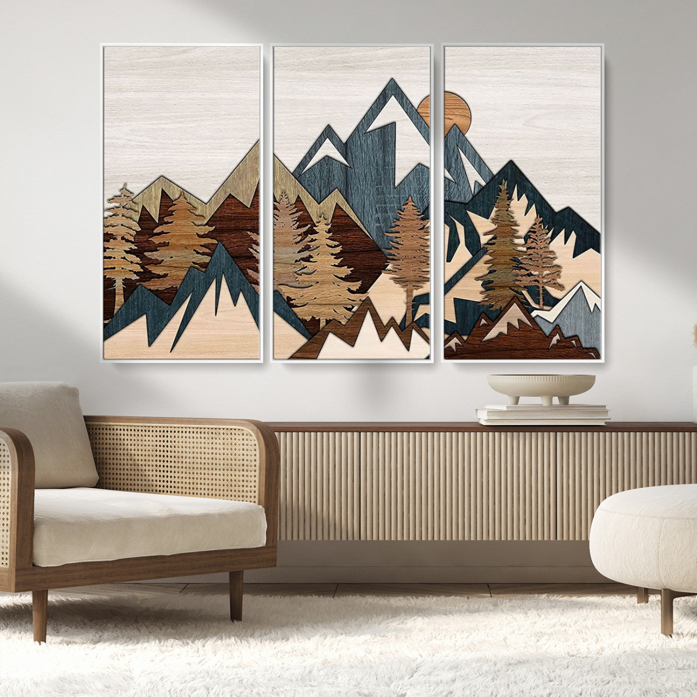 MGV-FC-48X32-3P - Woodland Mountain Landscape Triptych, Giclee Canvas Art for Modern Home, Rustic Wooden Nature Wall Art, Large Mountain and Tree Canvas for Living Room