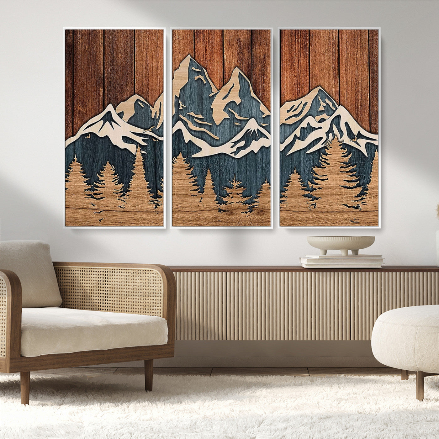MGV-FC-48X32-3P - Rustic Wood Style Mountain Wall Art, Nature Forest Canvas Print, Wooden Textured Mountain Artwork, Handcrafted Landscape Decor for Farmhouse Decor