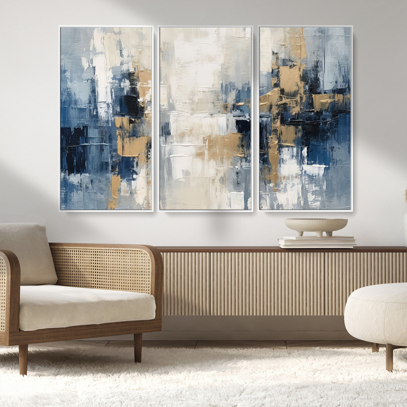 -Modern Abstract Canvas Wall Art in Blue and Gold Tones | Large Contemporary Art for Living Room,