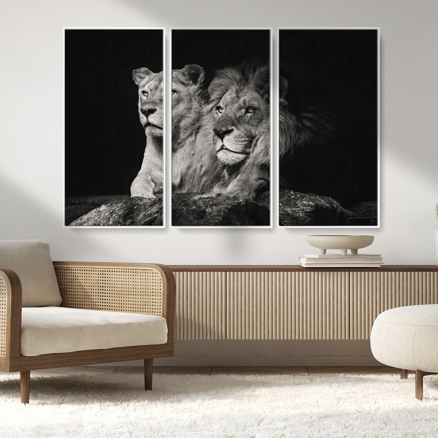 MGV-FC-48X32-3P - Lion Couple Canvas Wall Art Print – Elegant Wildlife Portrait in Black and White Lion Family – Ready to Hang