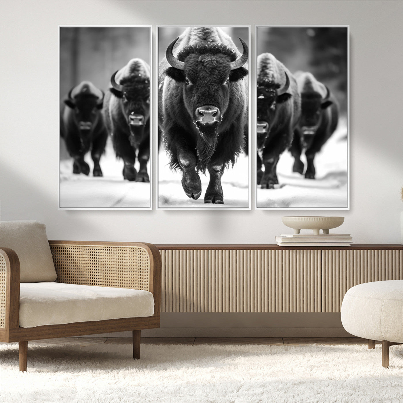 MGV-FC-48X32-3P - American Bison Art | Buffalo Herd Wall Art Canvas Print, BW American Bison Herd Wall Art Canvas Print