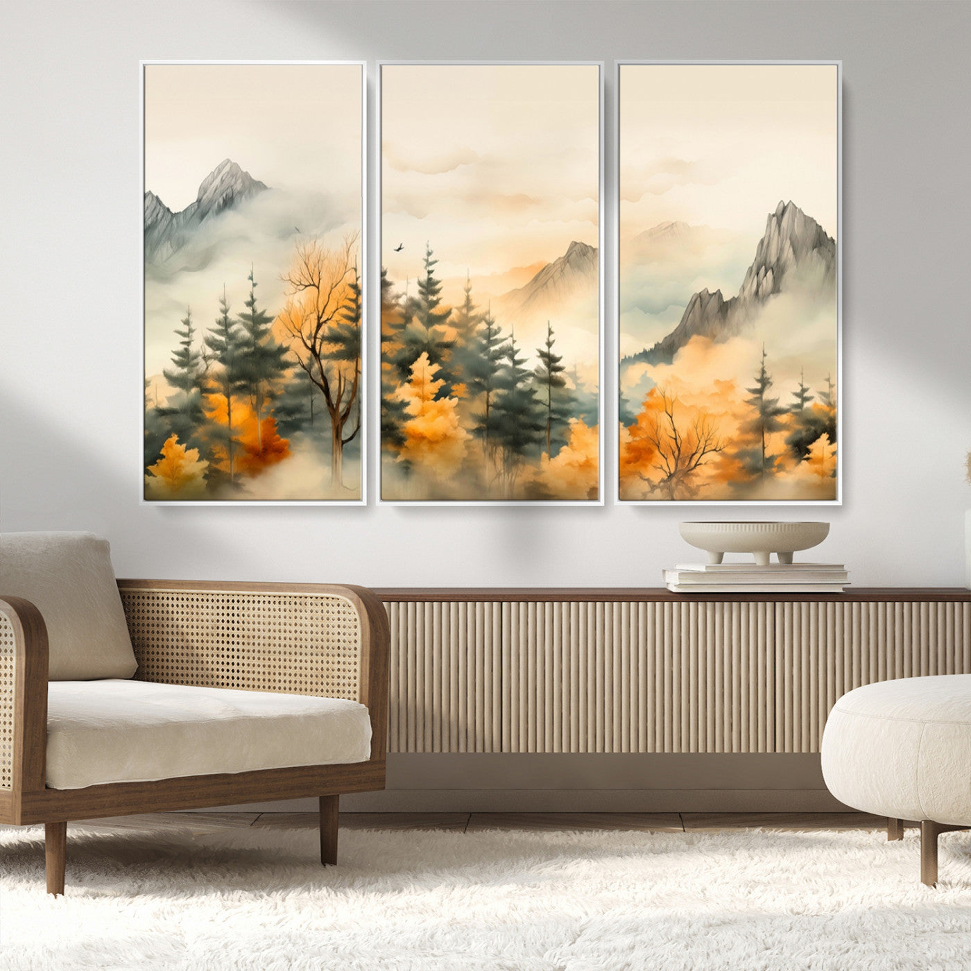 MGV-FC-48X32-3P - Abstract Watercolor Mountains and Trees Autumn Art, Watercolor Mountains and Trees Canvas Print