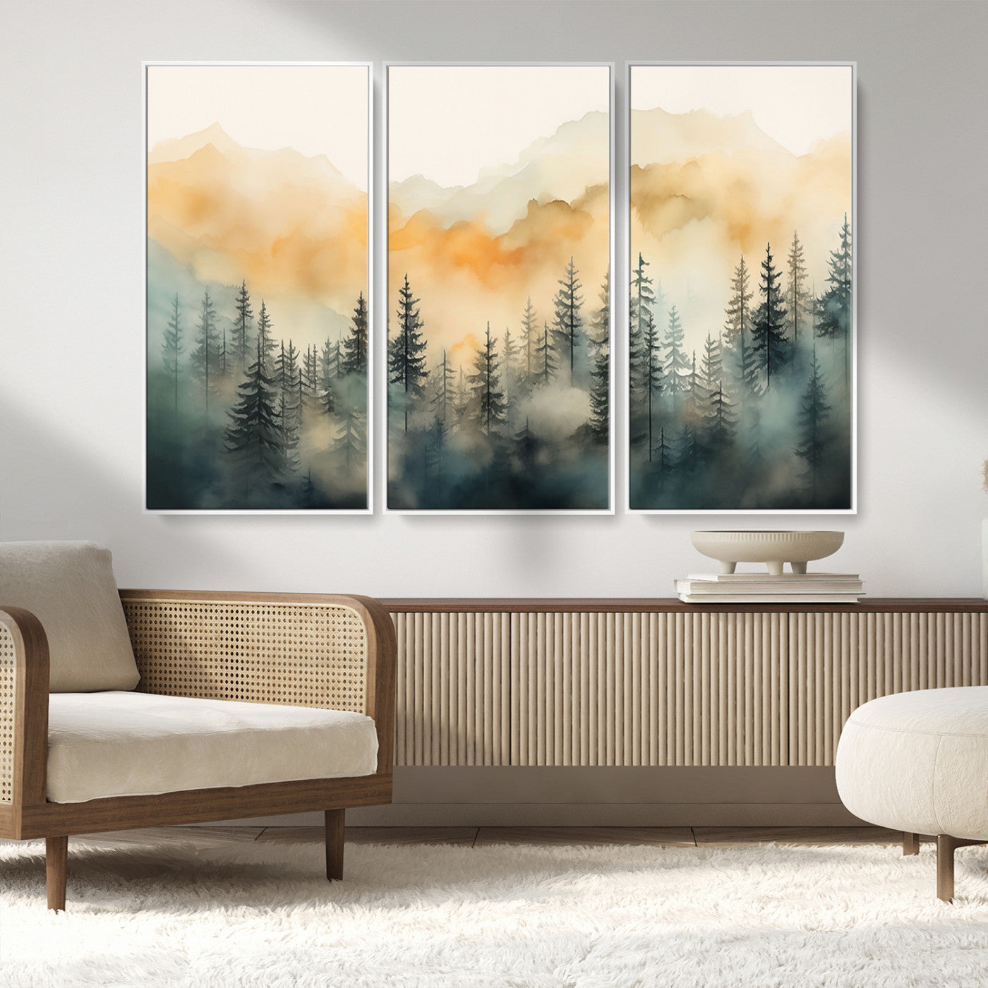 34155-MGV-FC-48X32-3P_White-Abstract Forest Print - Mountain Wall Art | Autumn Landscape Canvas Print for Living Room, Bedroom, or Office | Large Wall Art Decor