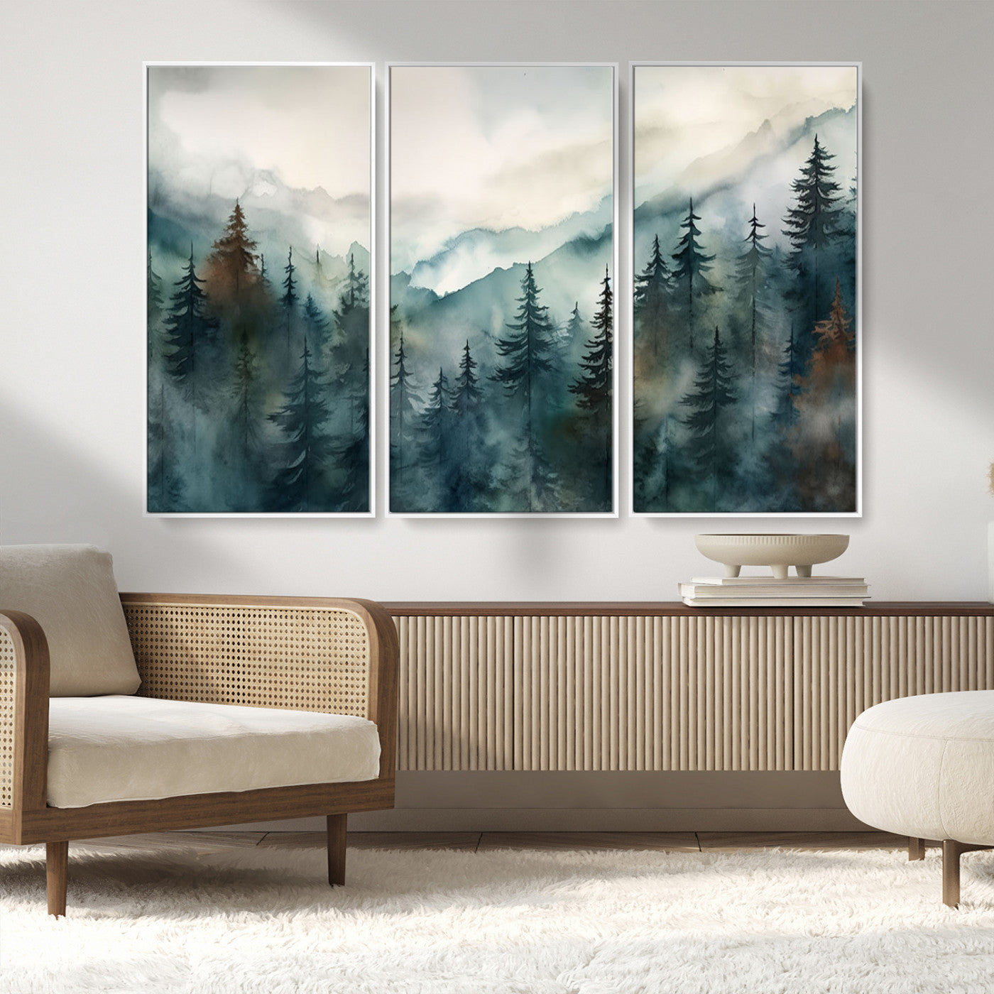 48468-MGV-FC-48X32-3P_White-Serenity Forest Wall Art Canvas | Foggy Mountain Landscape Canvas Print for Living Room or Office | Nature-Inspired Woodland Decor