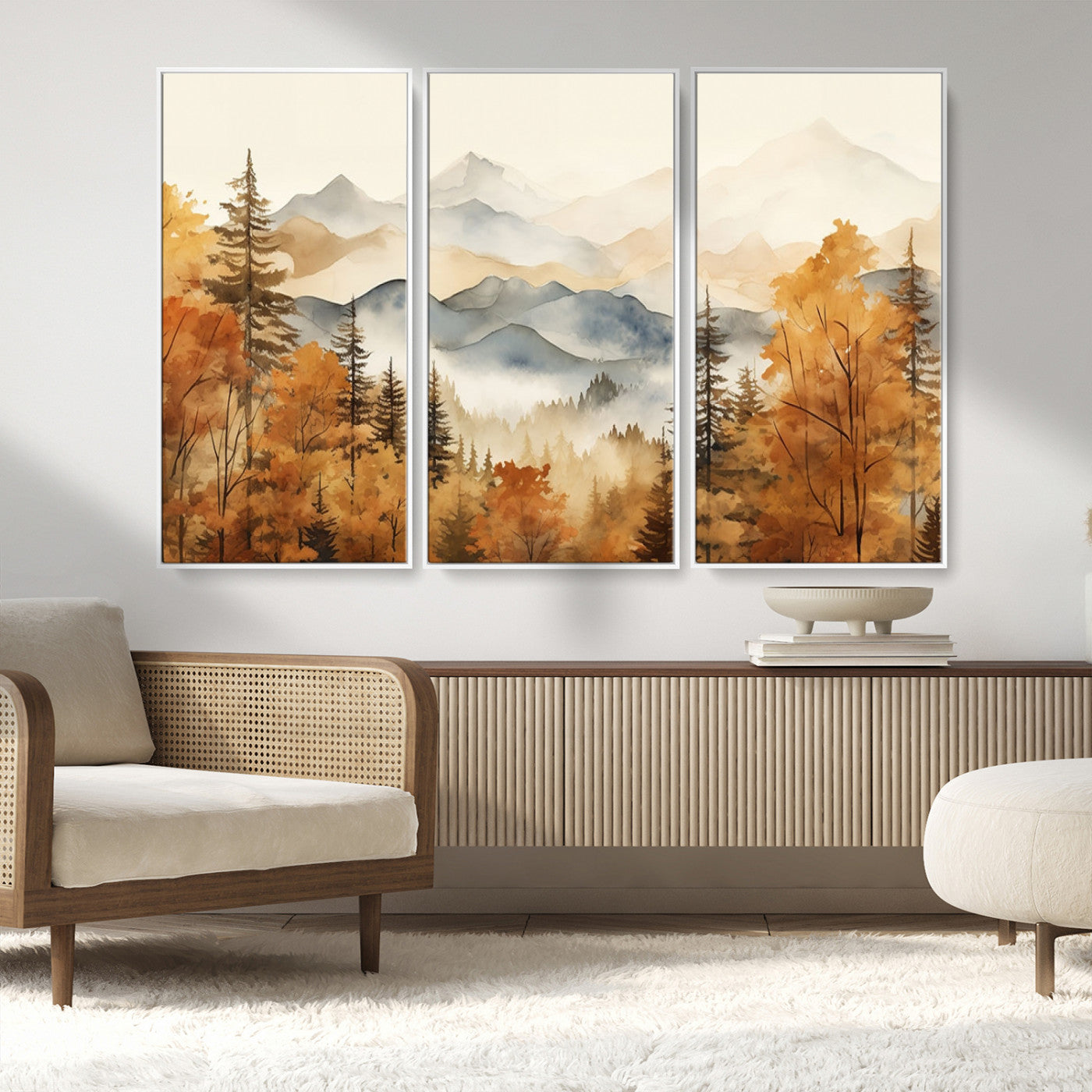 MGV-FC-48X32-3P - Golden Autumn Forest Wall Art | Mountain Landscape Canvas Print for Living Room or Bedroom | Large Wall Decor with Nature-Inspired Design