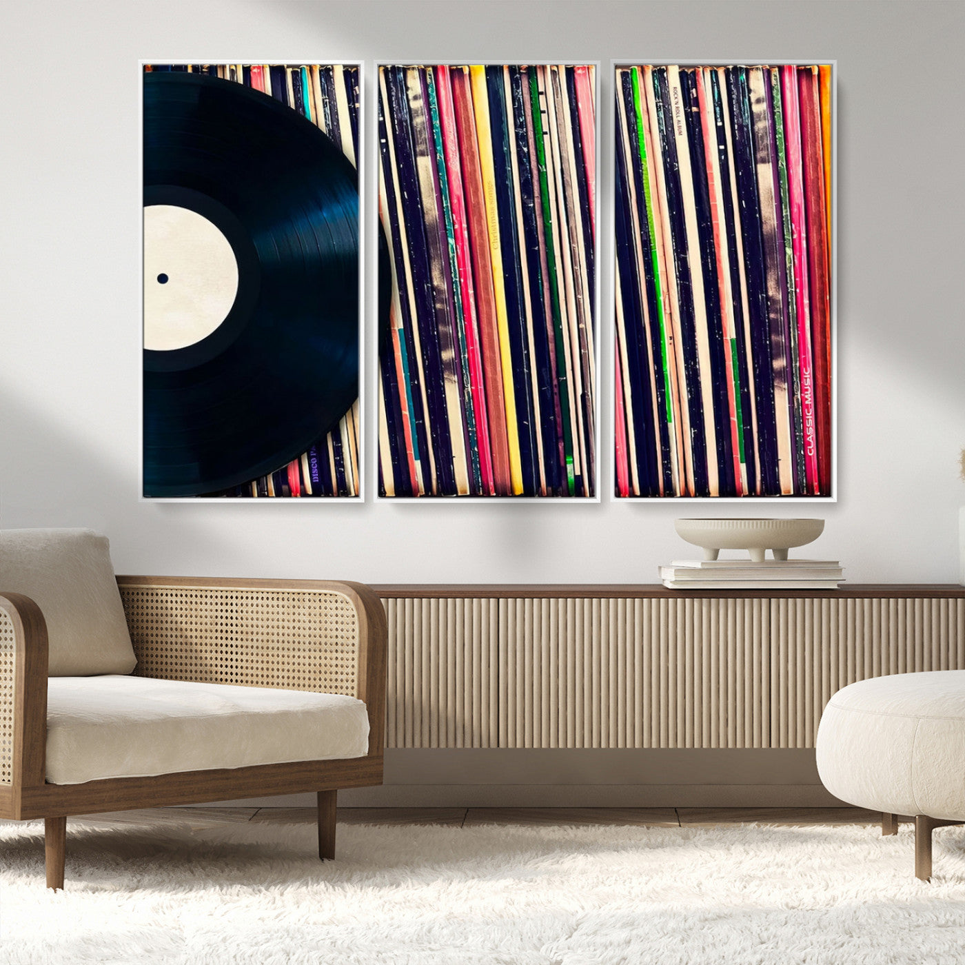 MGV-FC-48X32-3P - Vinyl Record and Album Collection Canvas Wall Art - Retro Music Decor for Living Room, Vintage Vinyl Lover’s Set