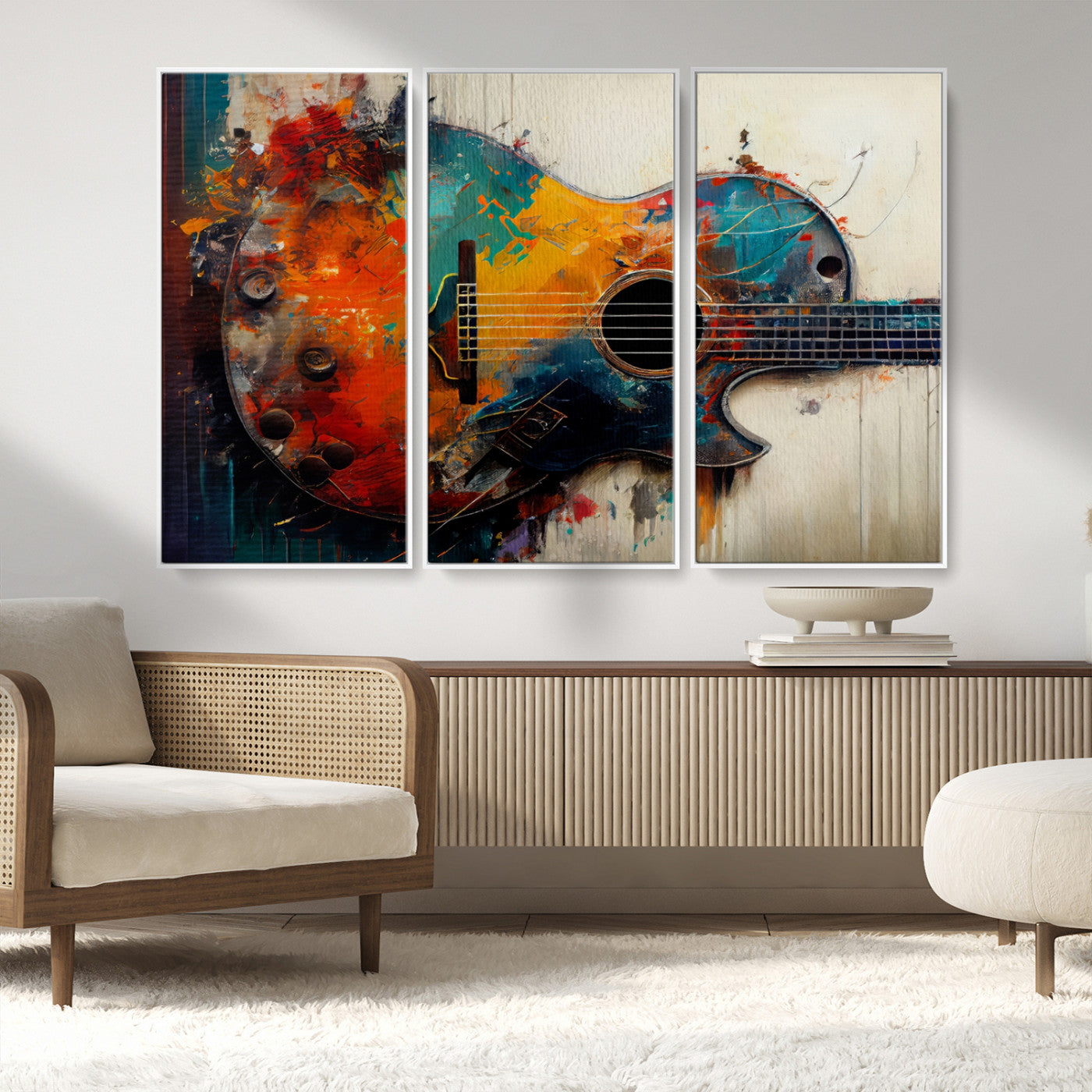 MGV-FC-48X32-3P - Abstract Guitar Wall Art Canvas | Vibrant Music-Inspired Art for Living Room or Studio | Colorful Music Decor Canvas Print
