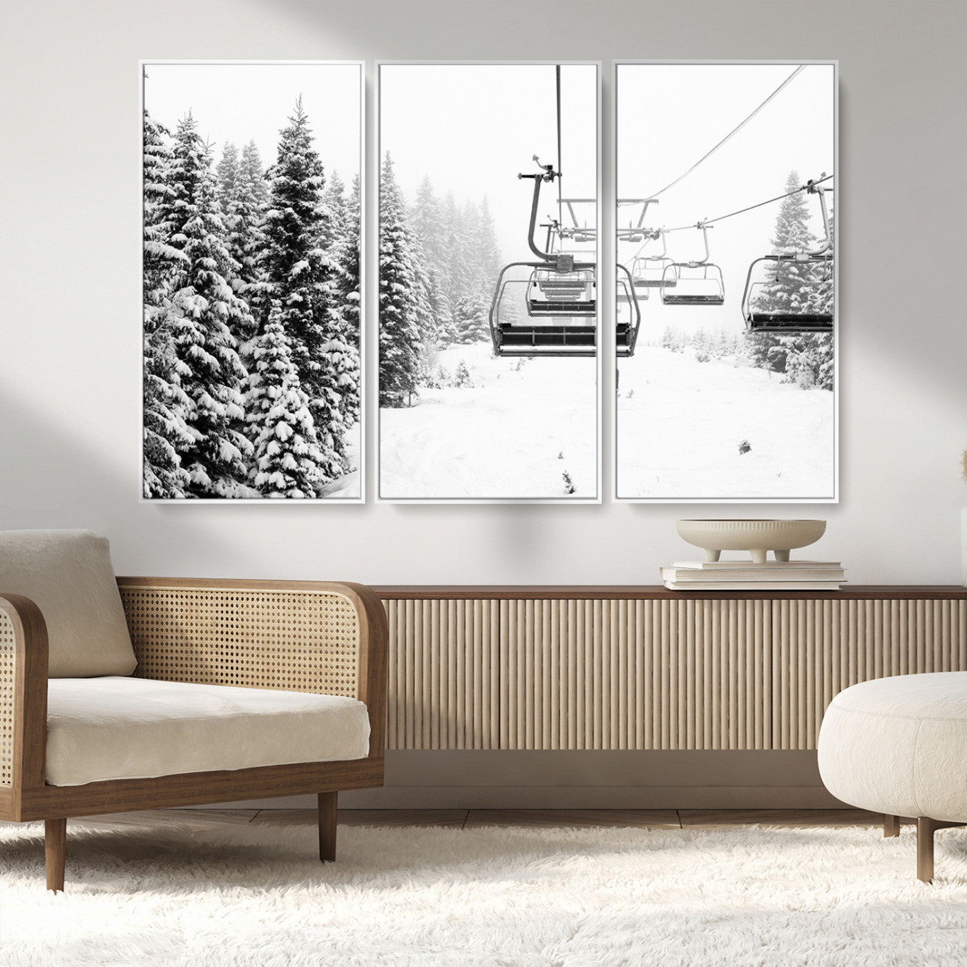 MGV-FC-48X32-3P - Ski Wall Art - Ski Lift Wall Art Canvas Print Snow Covered Spruce Trees Winter Wall Art Ski Skier