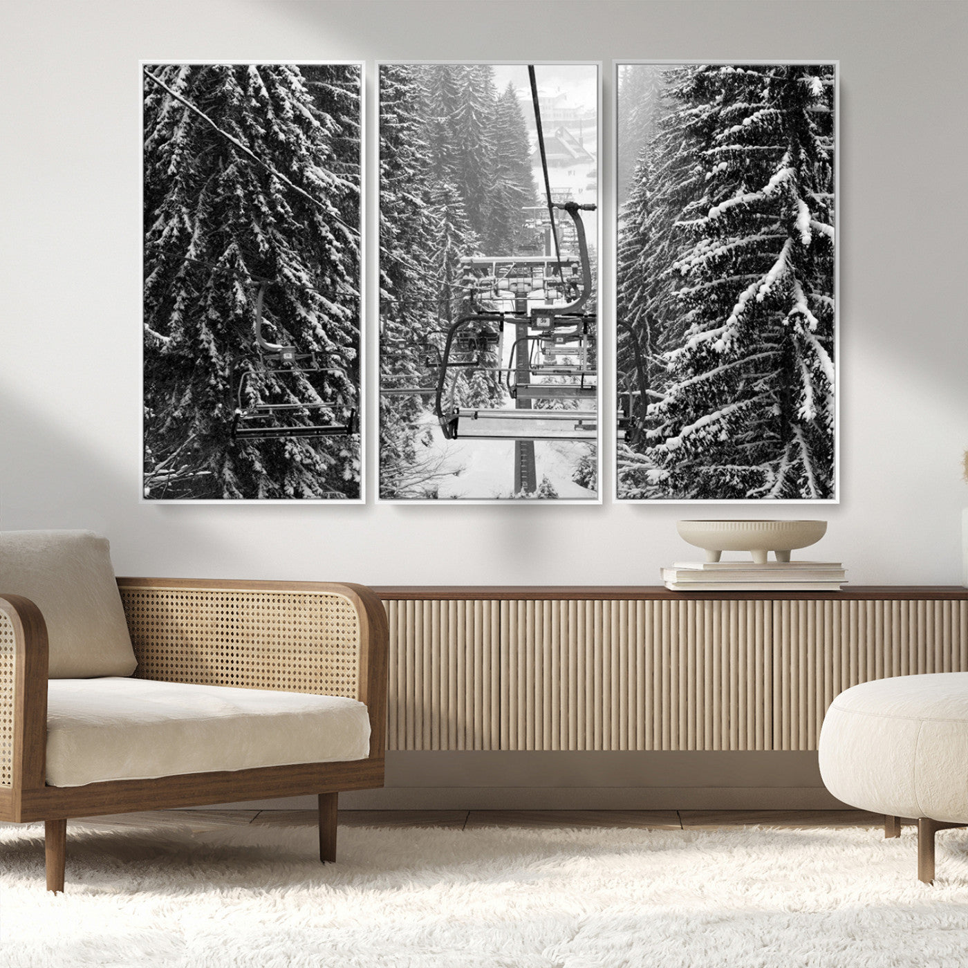 MGV-FC-48X32-3P - Winter Ski Lift Black and White Canvas Wall Art – Alpine Escape in Minimalist Style – Ready to Hang