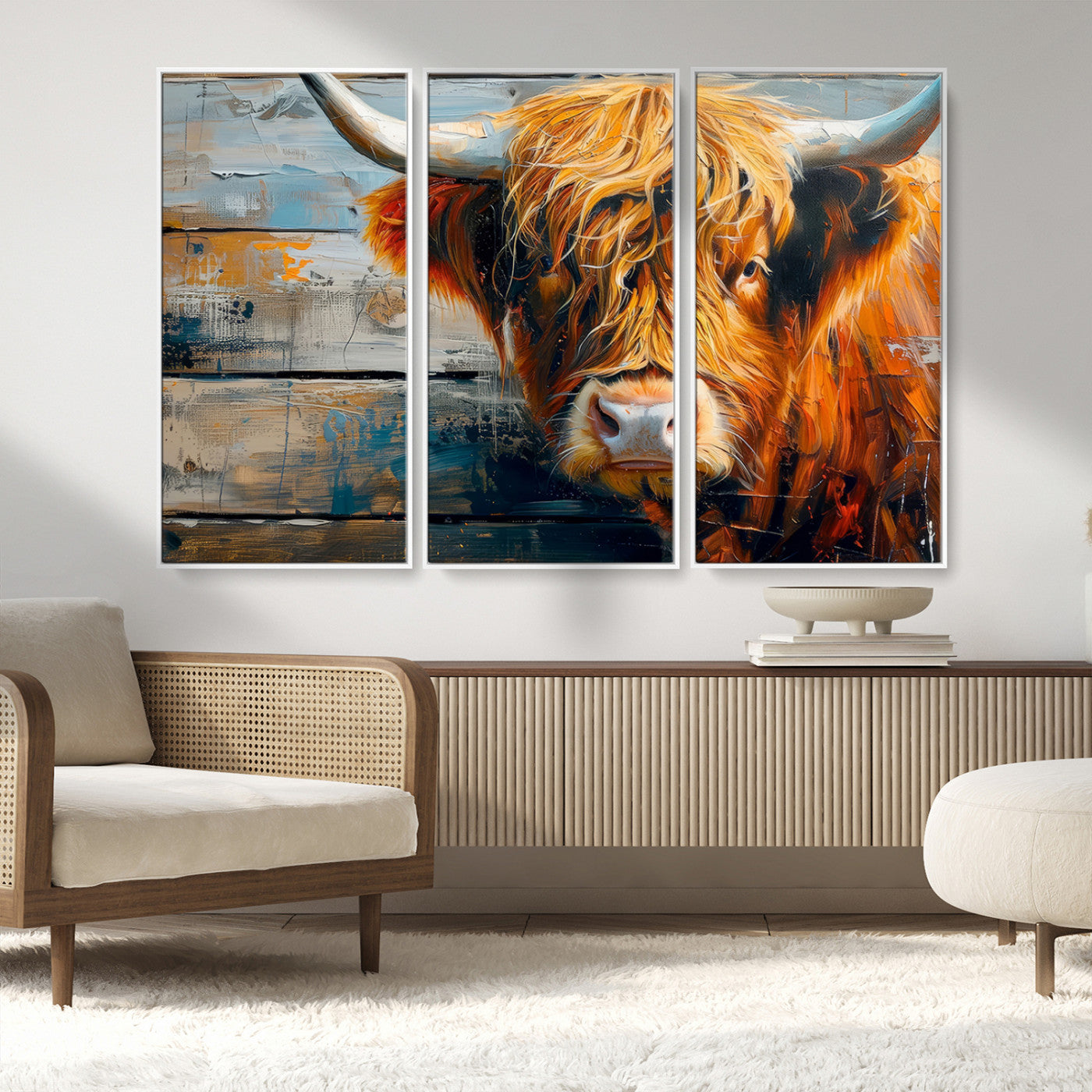-Highland Cow Abstract Canvas Wall Art – Bold Farmhouse Rustic Decor – Ready to Hang