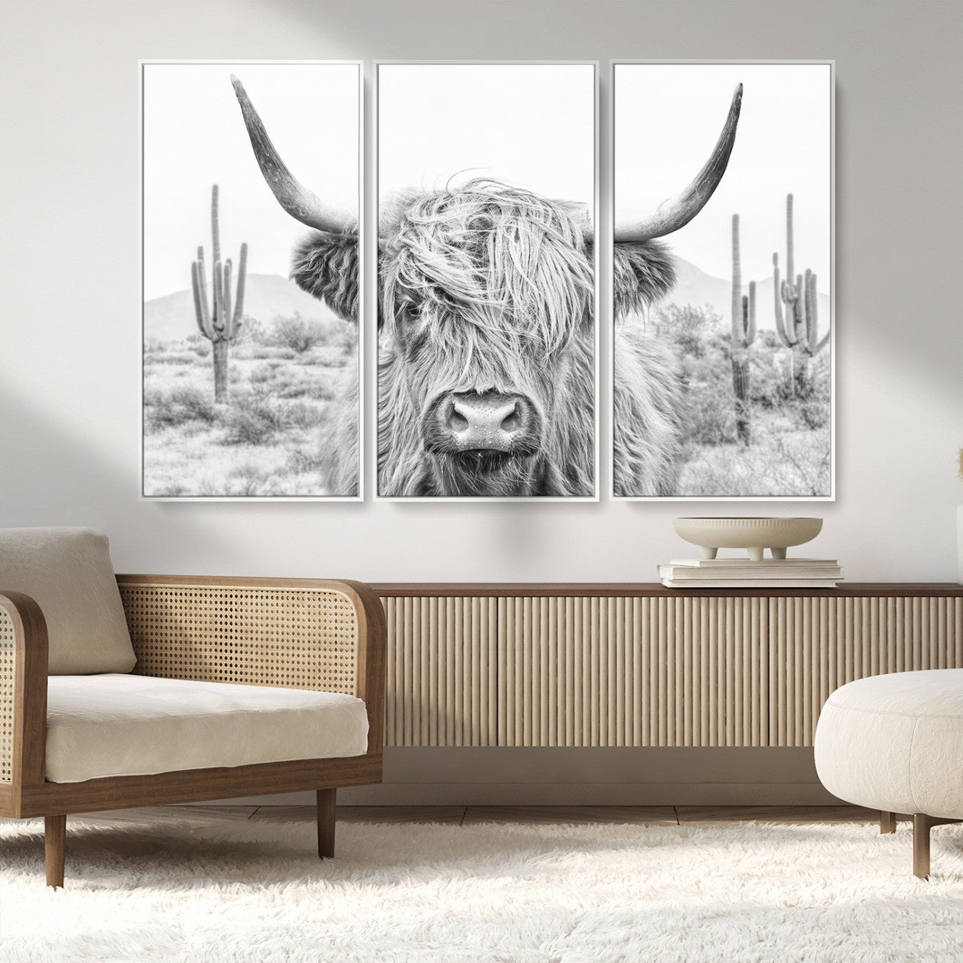 -Rustic Charm | Cow Longhorn Black White Bighorn Wall Art Canvas Print | Farmhouse Wall Art