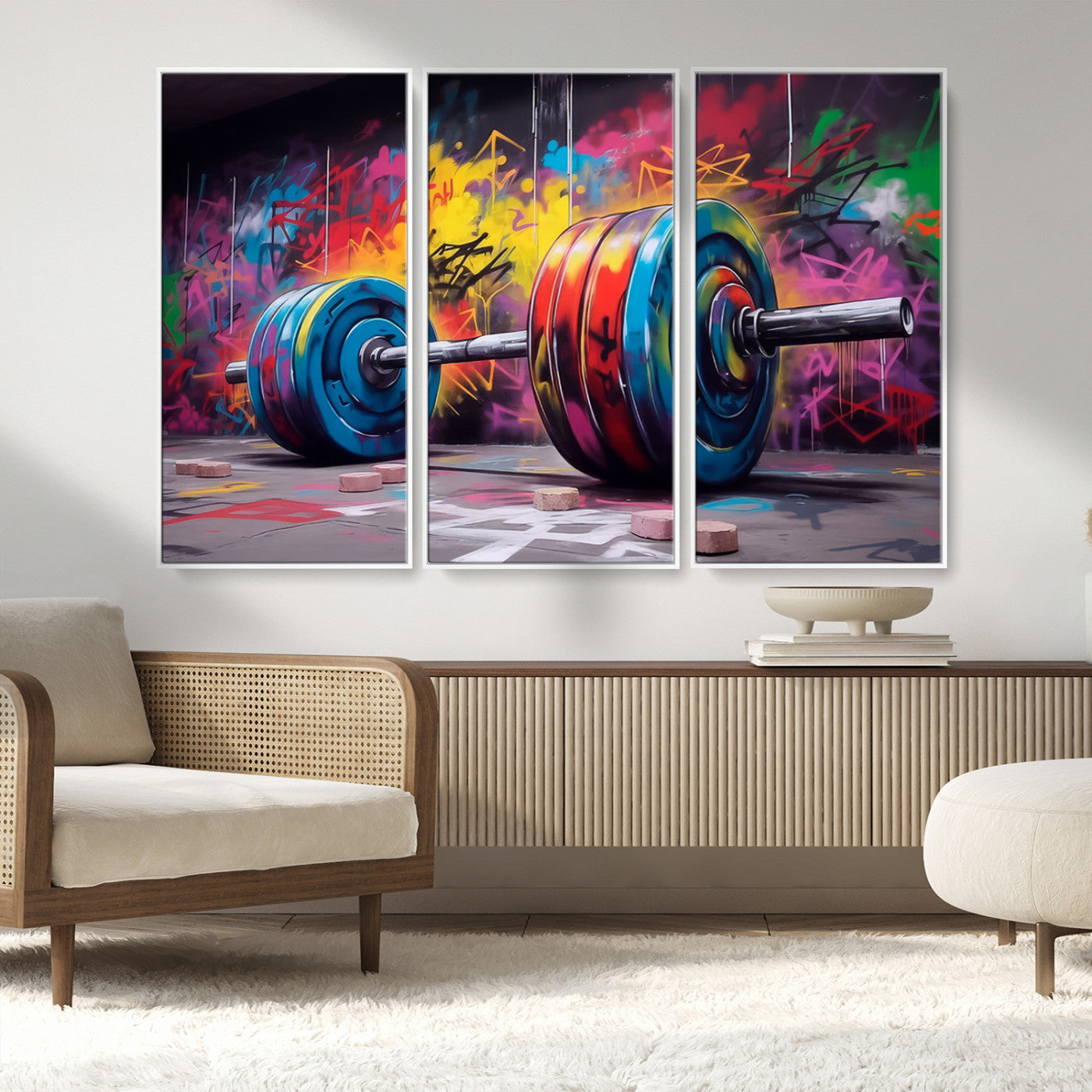 MGV-FC-48X32-3P - Abstract Graffiti Barbell Canvas Wall Art – Urban Fitness Meets Bold Street Art Print - Gym Wall Art Print