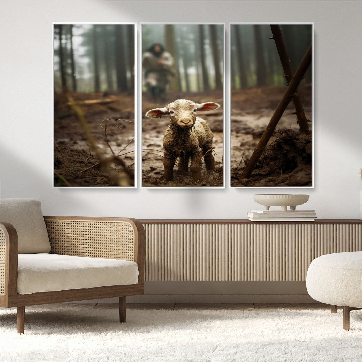 MGV-FC-48X32-3P - Jesus Lost Lamb Canvas Wall Art – Heartwarming Woodland Scene – Ready to Hang - Christian Religion Wall Art