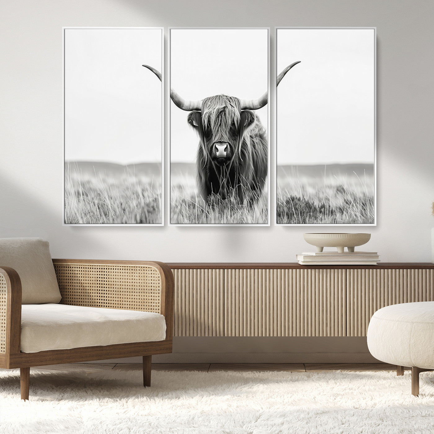 MGV-FC-48X32-3P - Highland Cow Canvas Wall Art – Majestic Beauty in Black and White