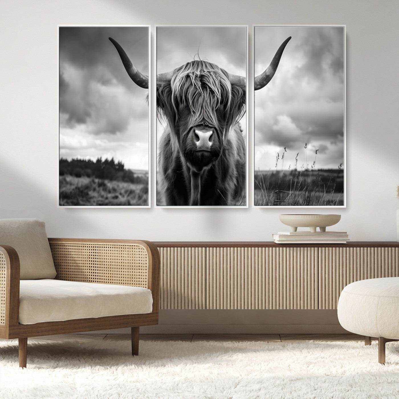 17924-MGV-FC-48X32-3P_White-Scottish Cow Wall Art Canvas Print | Longhorn Wall Art | Bighorn Animal Wall Art