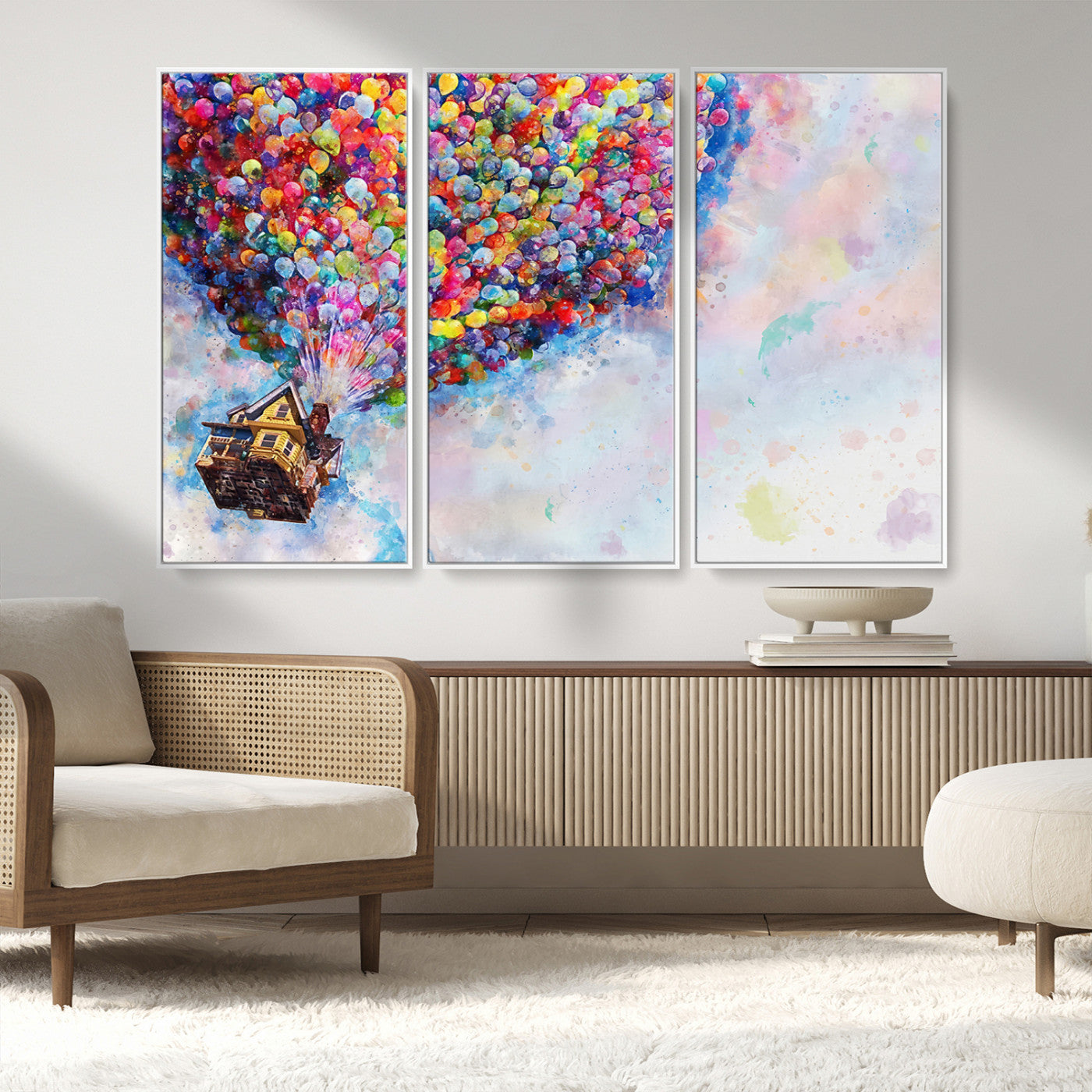 MGV-FC-48X32-3P - Don't Look Up Movie Canvas Wall Art - Vibrant Floating House and Balloons Scene, Tribute to Iconic